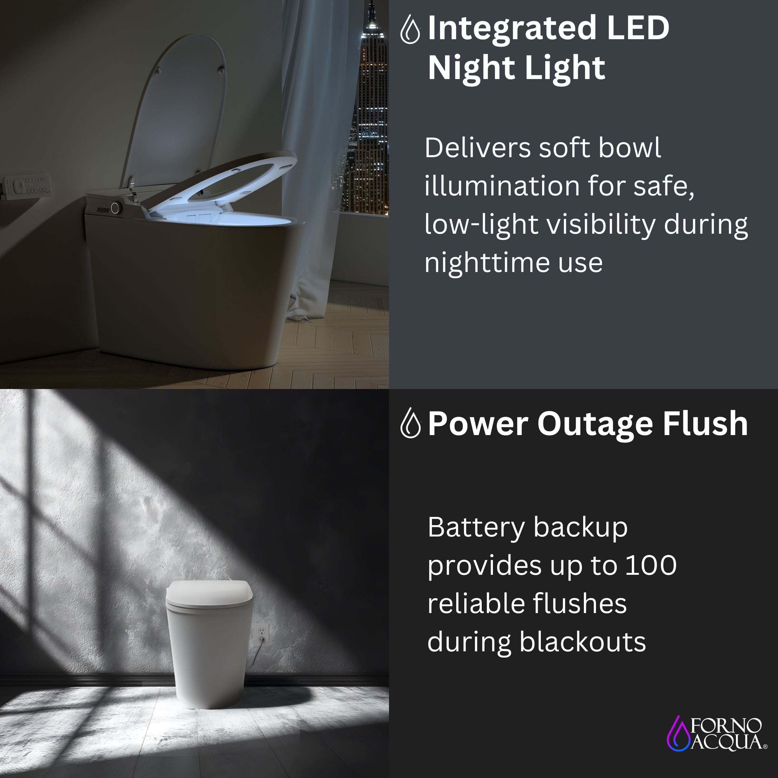 FORNO ACQUA Luxurious Smart Toilet. Includes Auto Flush, Auto Lid, Powerful Flush, sleek tankless design Ideal for Powder Rooms.