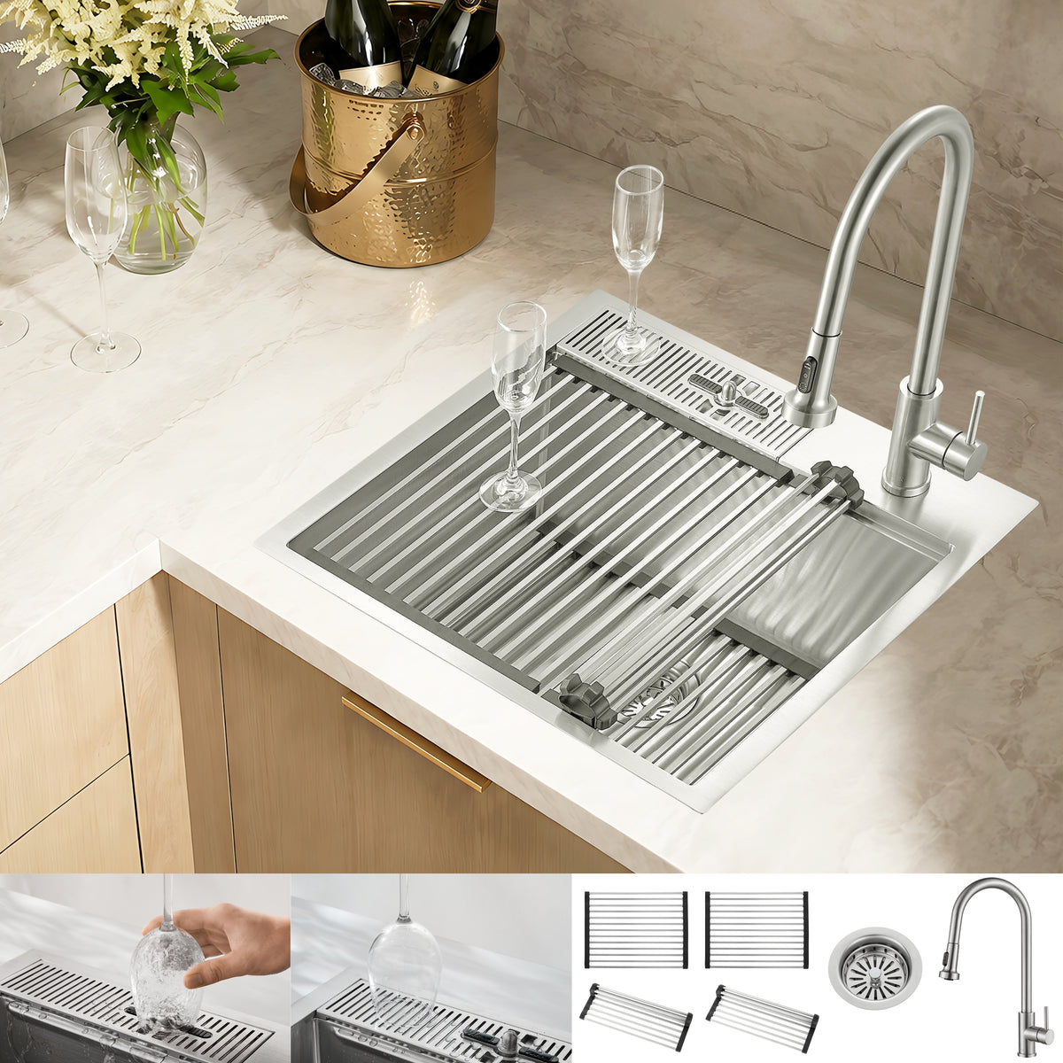FORNO ACQUA L24" X W22" X D10" 18ga Stainless Steel 304 2-Level MultiSINK Kit with Glass Rinser, 3 Function Stainless Steel Pull-Down Kitchen Faucet, 4 Roll-Up Grids and 1 Strainer