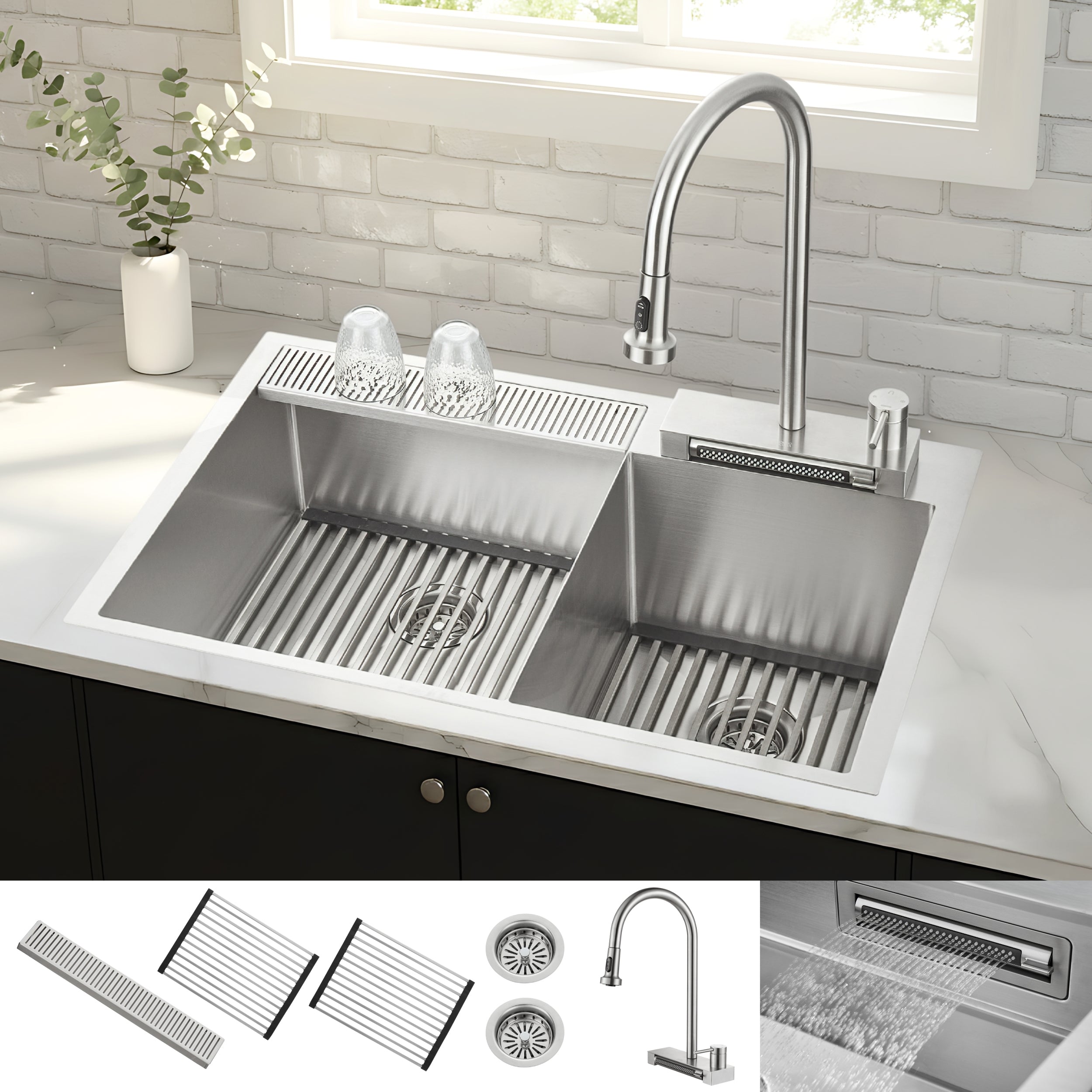 FORNO ACQUA 33 in. Drop-In/Undermount 40/60 Double Bowl Stainless Steel Sink with Waterfall Faucet