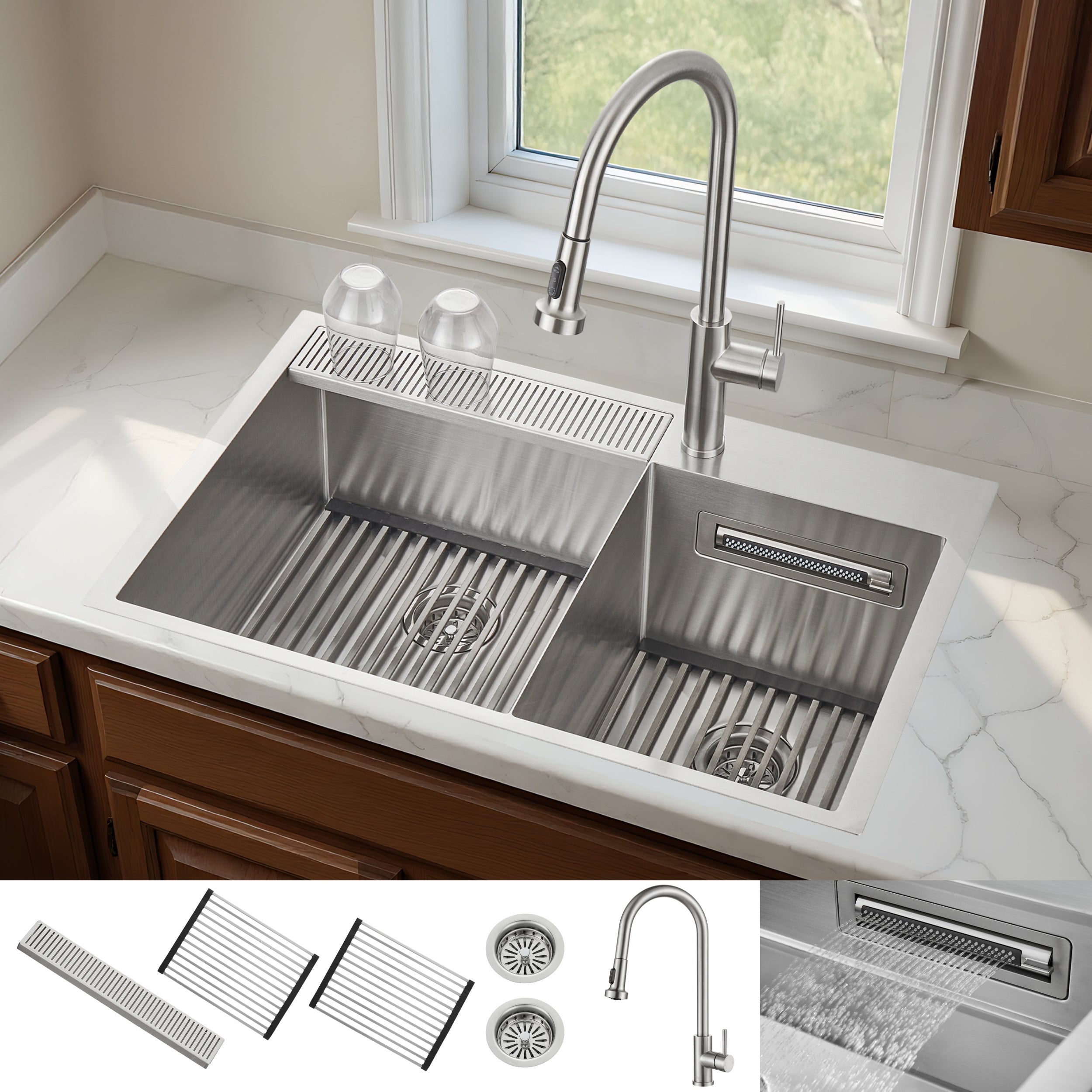 FORNO ACQUA 33 in. Drop-In/Undermount 40/60 Double Bowl Sink with Retractable Faucet & Waterfall