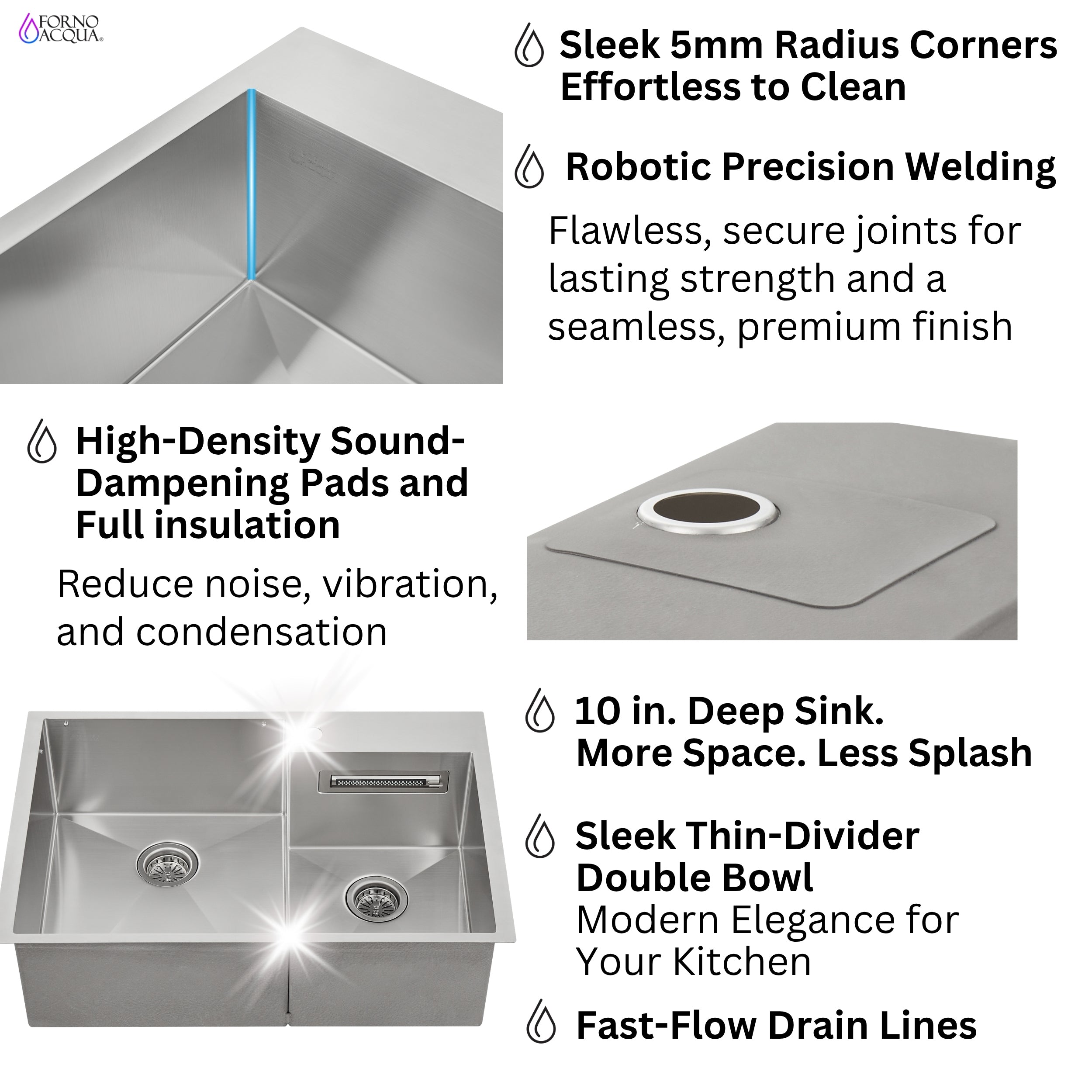 FORNO ACQUA 33 in. Drop-In/Undermount 40/60 Double Bowl Sink with Retractable Faucet & Waterfall