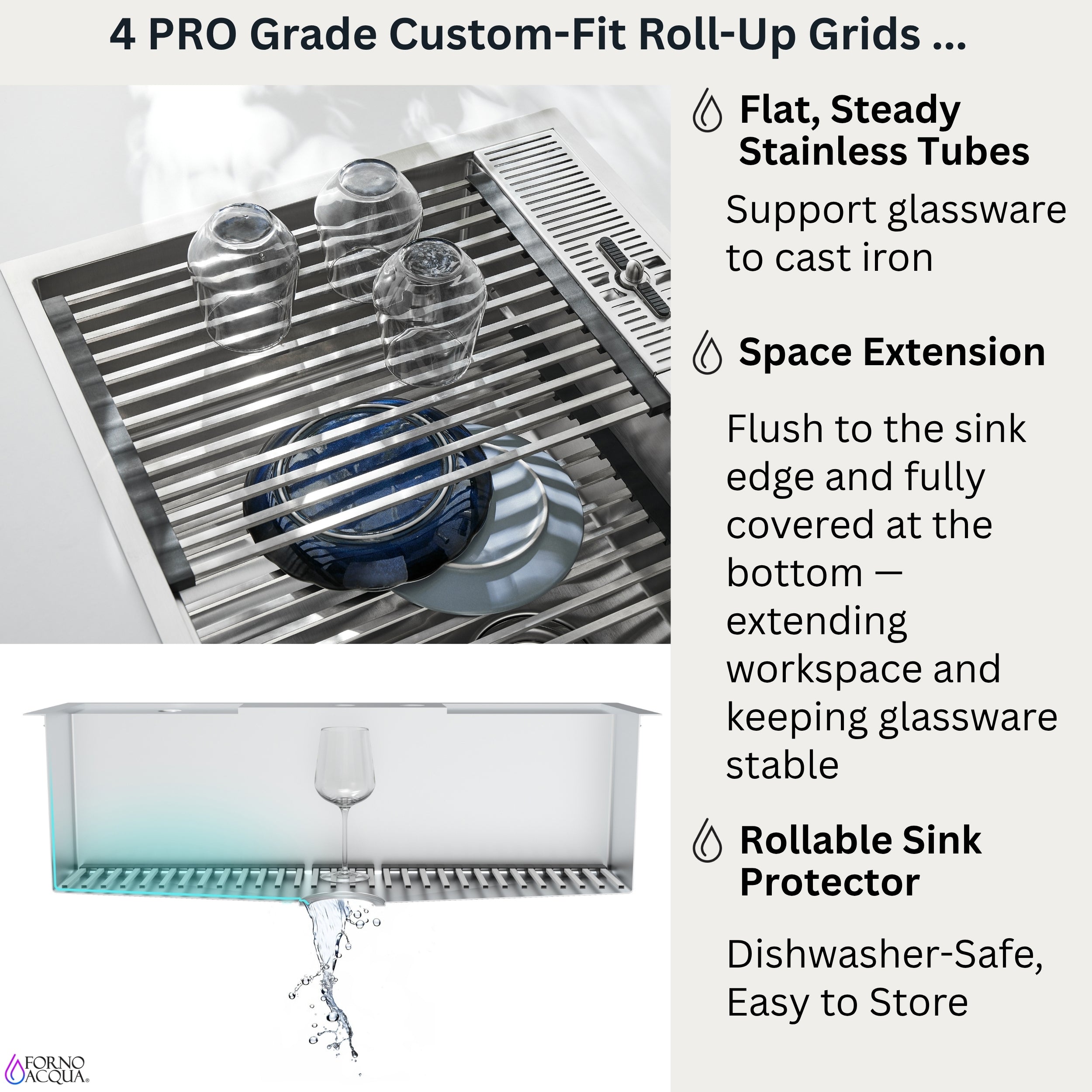 FORNO ACQUA MultiSINK kit with Integrated Waterfall Rinsing and Glass Washing Station. Includes Chef Faucet and Accessories.