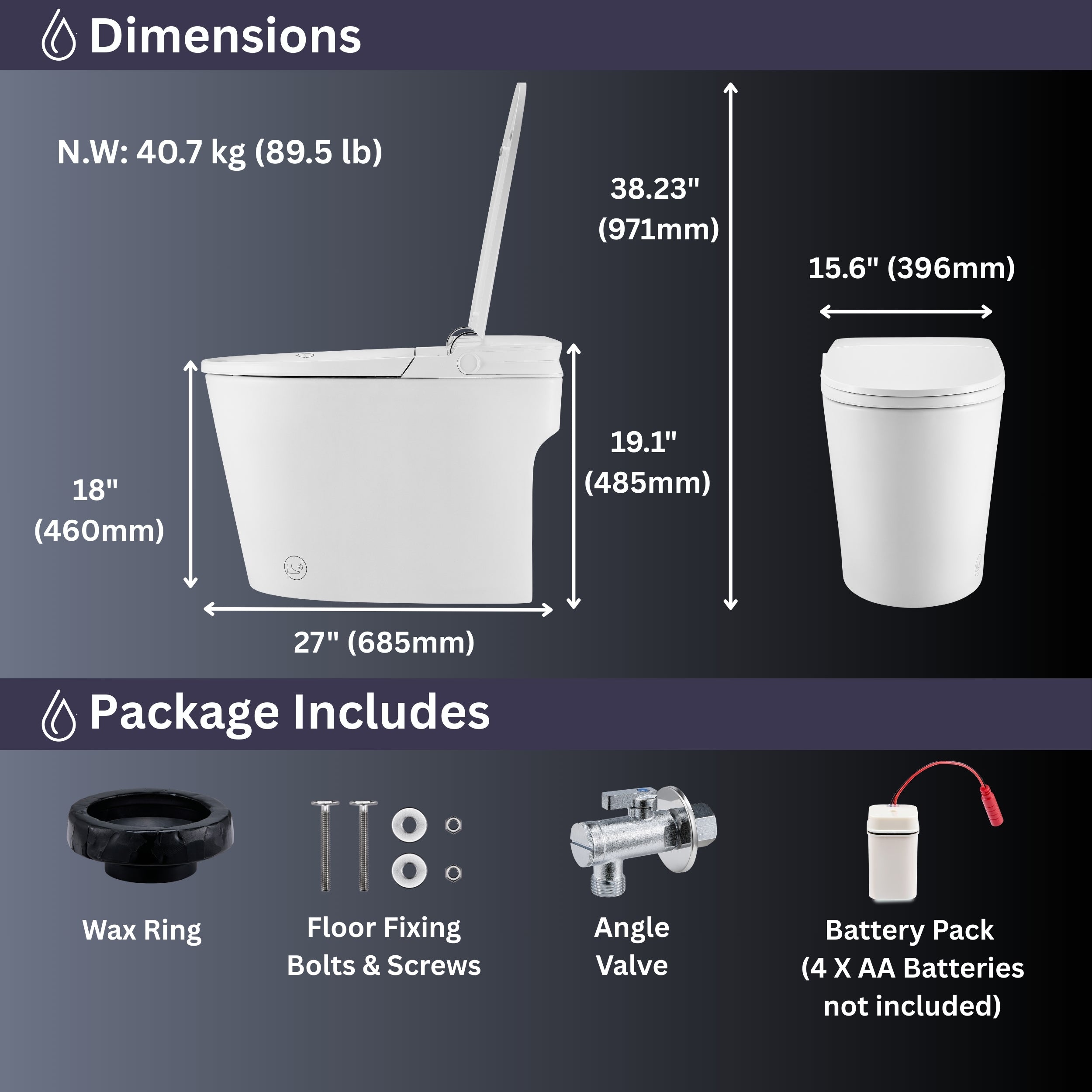 FORNO ACQUA Luxurious Smart Toilet. Includes Auto Flush, Auto Lid, Powerful Flush, sleek tankless design Ideal for Powder Rooms.