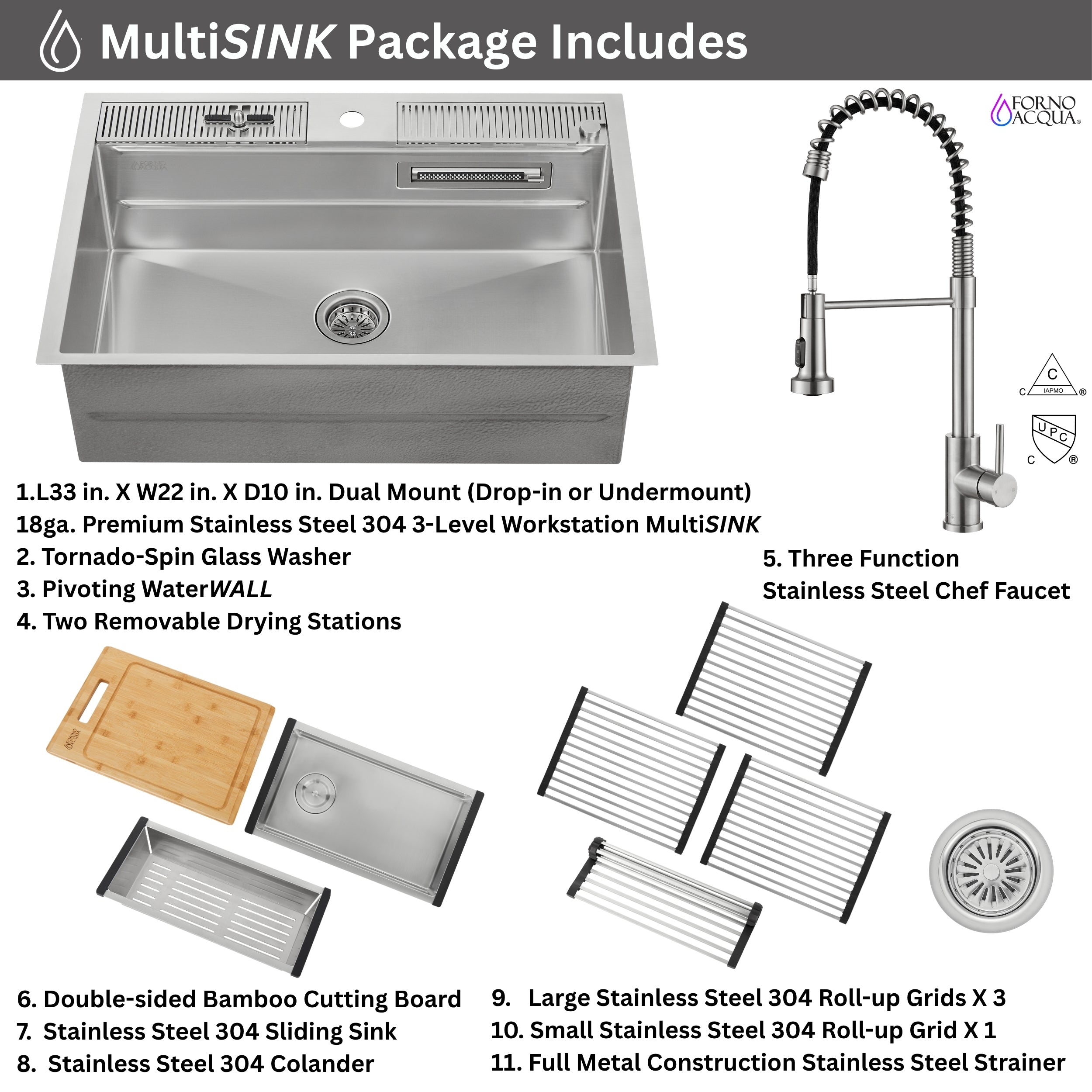 FORNO ACQUA MultiSINK kit with Integrated Waterfall Rinsing and Glass Washing Station. Includes Chef Faucet and Accessories.