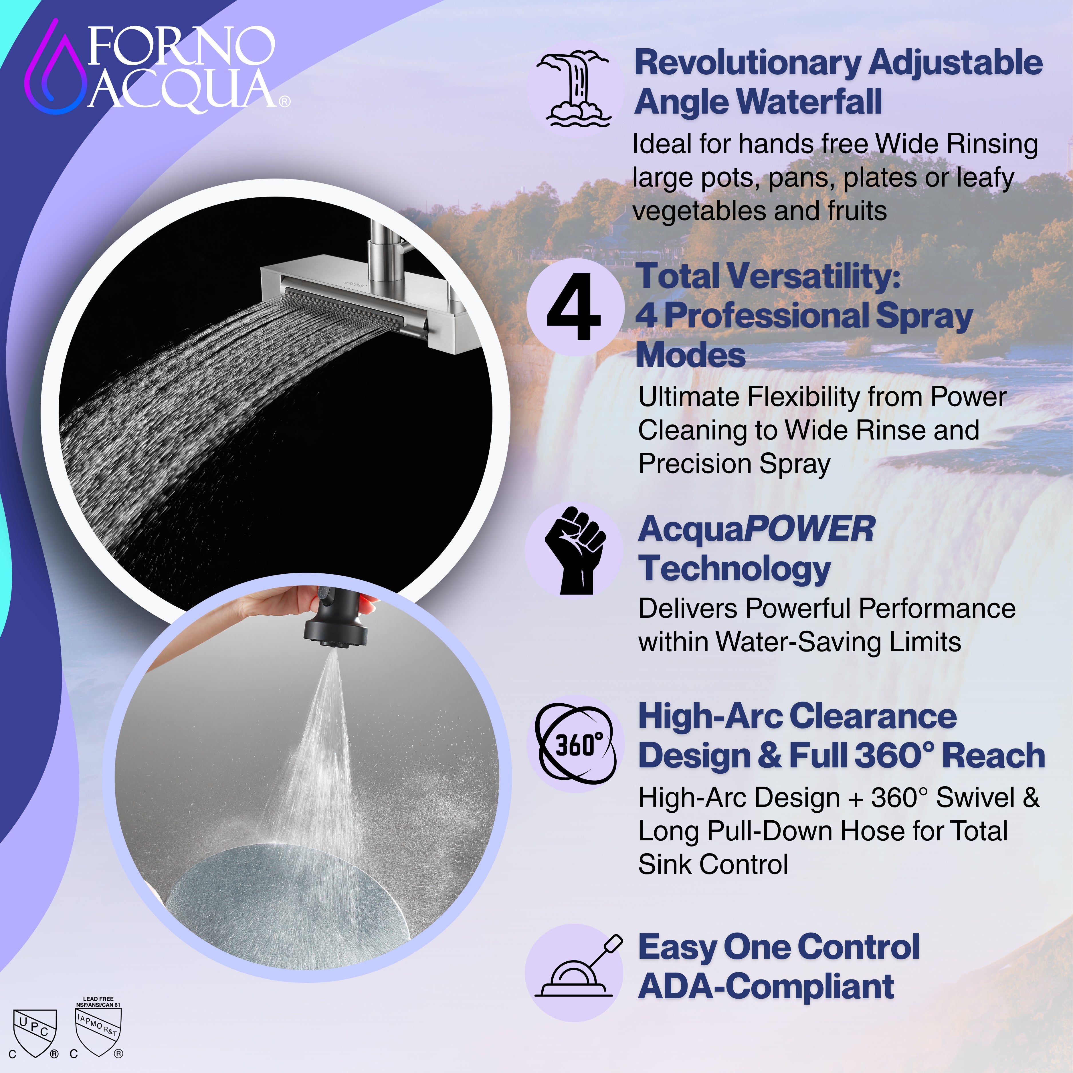 FORNO ACQUA 4 function pull-Down Waterfall Kitchen Faucet