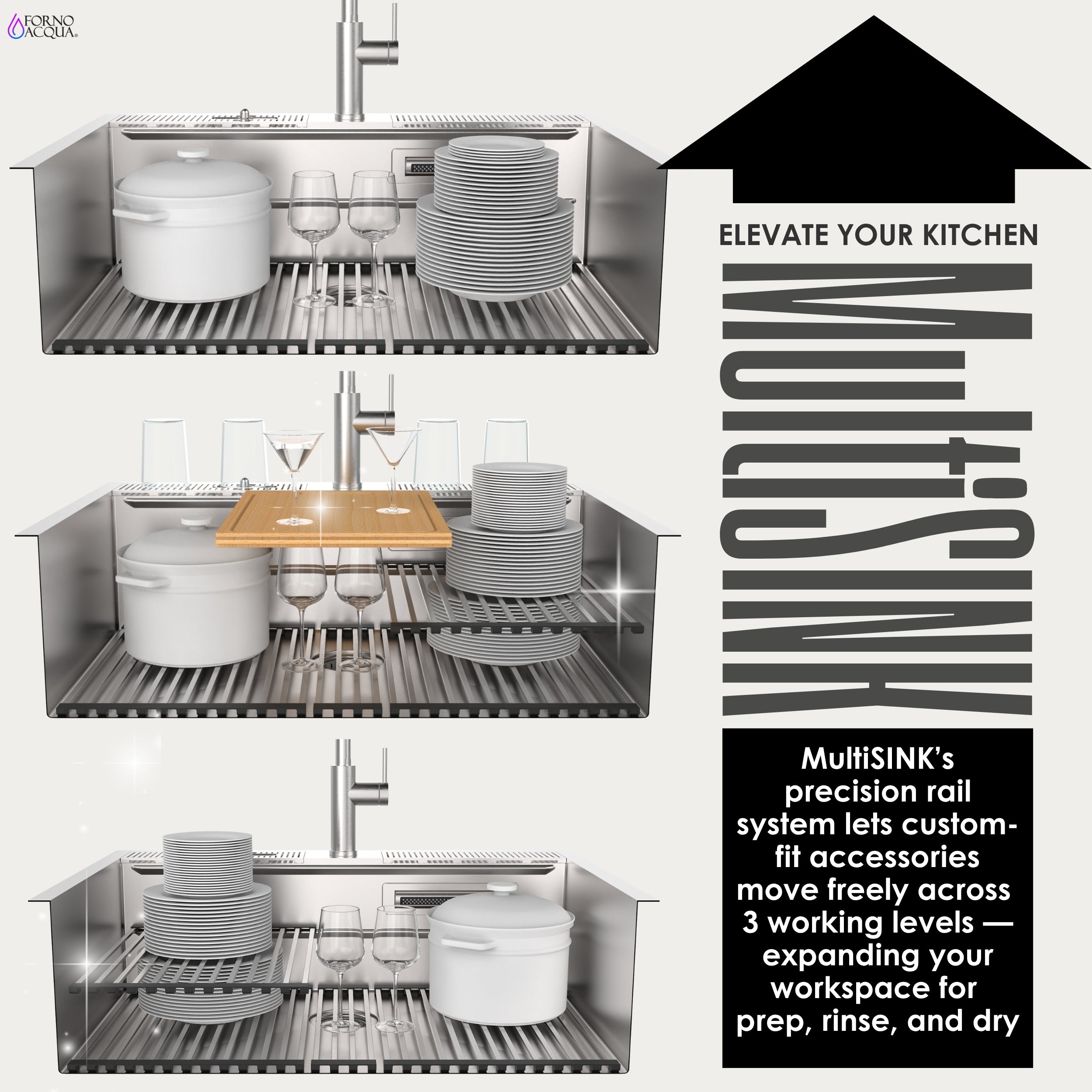 FORNO ACQUA MultiSINK kit with Integrated Waterfall Rinsing and Glass Washing Station. Includes Chef Faucet and Accessories.