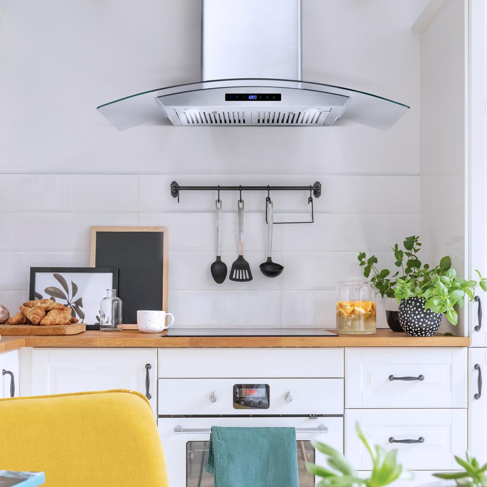 Cosmo Vista 36 in. 380 CFM Ductless Stainless Steel Wall Mount Range Hood, Touch Controls | COS-668WRCS90-DL