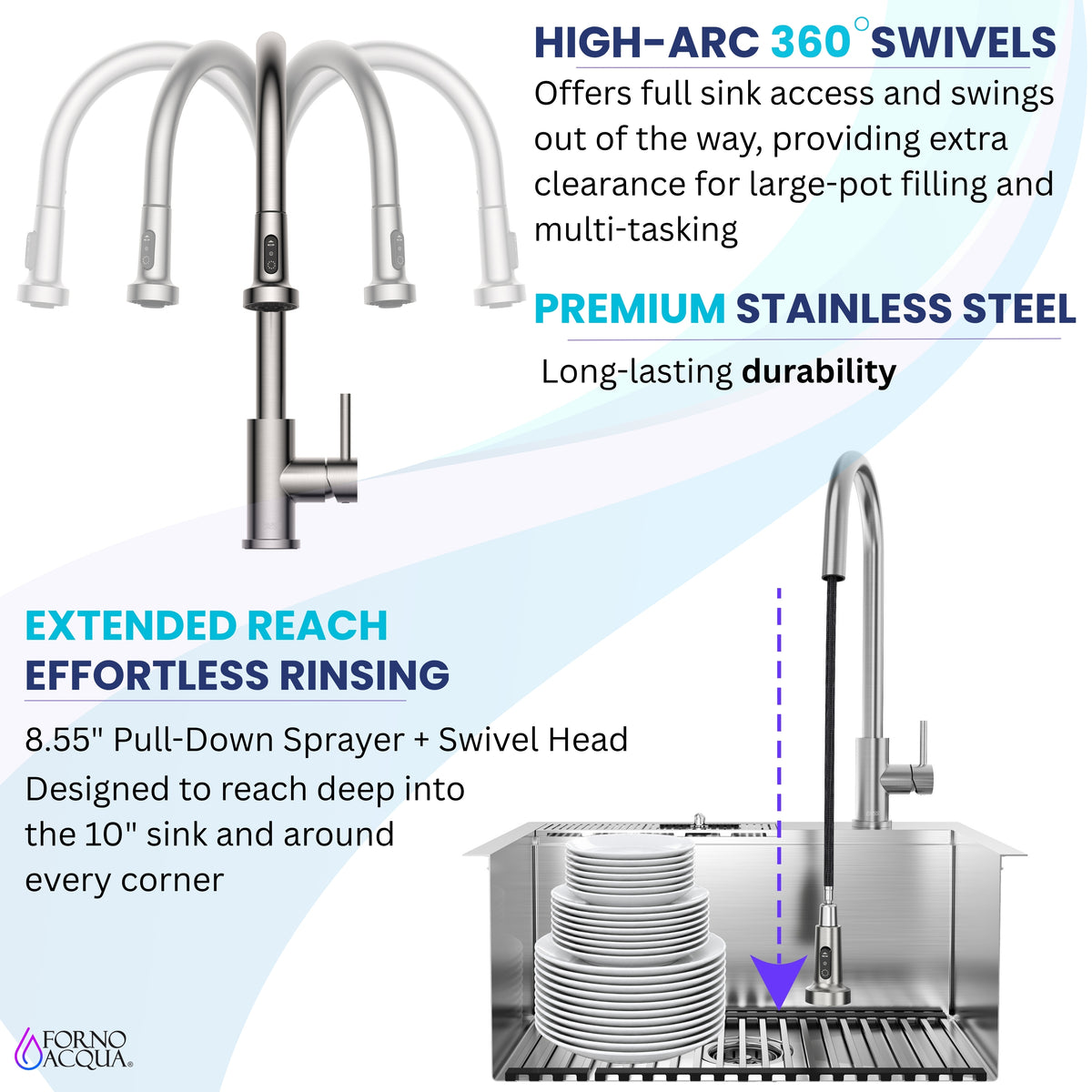 FORNO ACQUA L20" X W22" X D10" 18ga Stainless Steel 304 2-Level MultiSINK Kit with Glass Rinser, 3 Function Stainless Steel Pull-Down Kitchen Faucet, 3 Roll-Up Grids and 1 Strainer