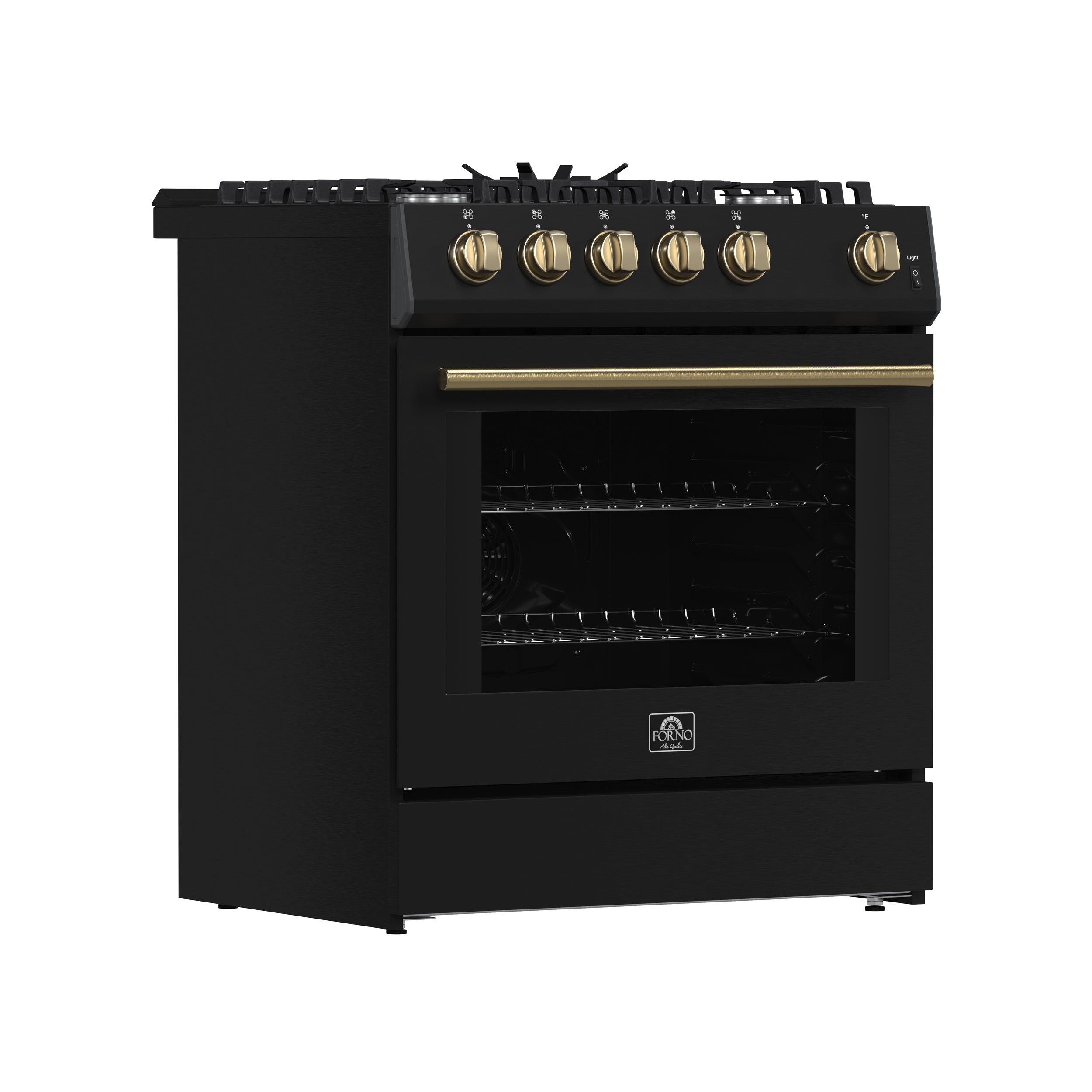 Forno Espresso Leonardo 30 in. 5 cu. ft. 5-Burner Black Gas Range with Antique Brass Accents | FFSGS1116-30BLK