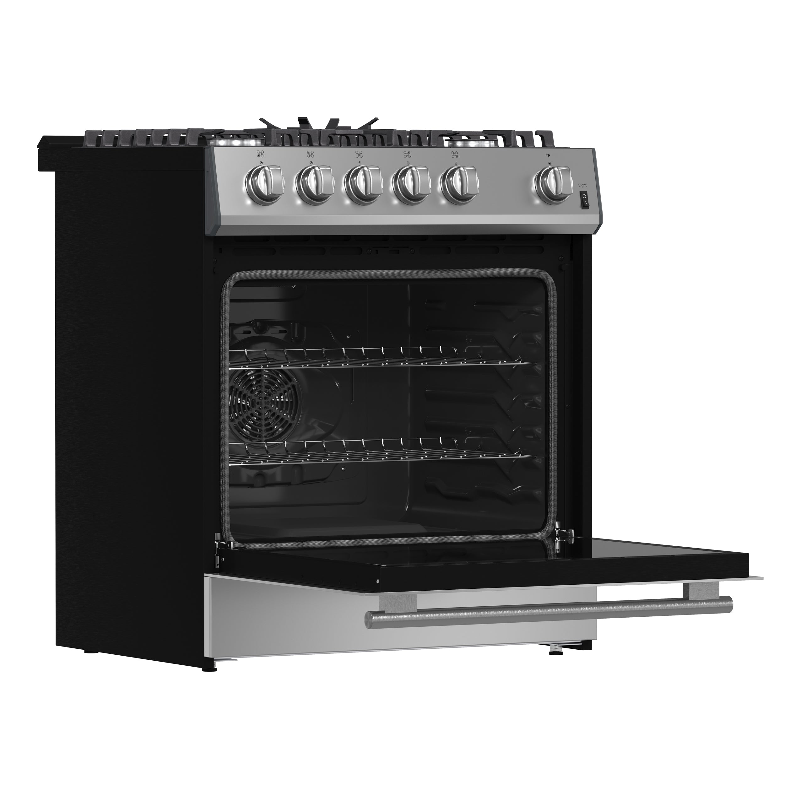 Forno Leonardo 30-Inch Stainless Steel Gas Range, 5 Sealed Burners (Totaling 39,500 BTU), 5 cu.ft. Convection Oven, Continuous Cast Iron Grates, Black Enamel Interior, Auto Re-Ignition, LP Conversion Kit Included