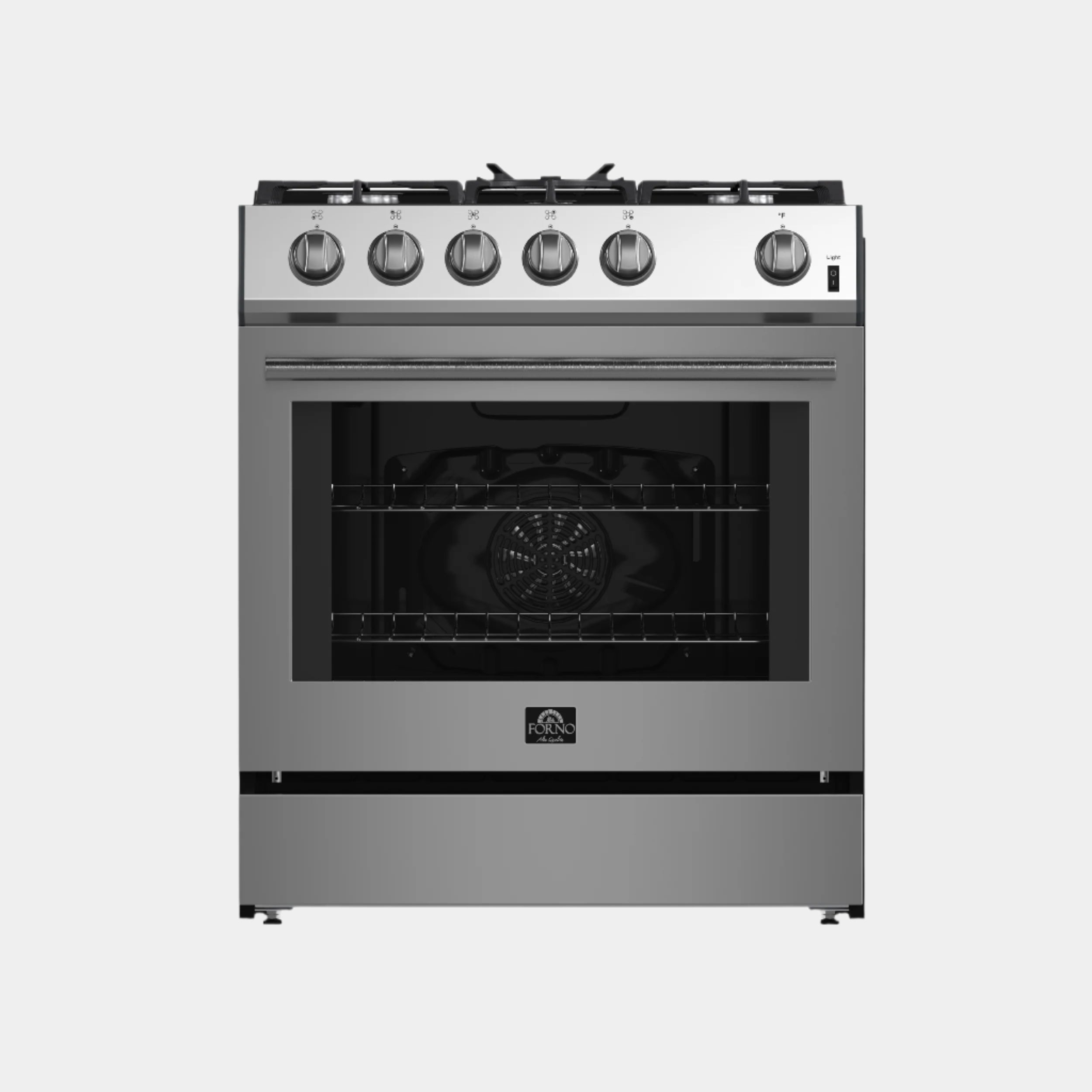 Forno Leonardo 30-Inch Stainless Steel Gas Range, 5 Sealed Burners (Totaling 39,500 BTU), 5 cu.ft. Convection Oven, Continuous Cast Iron Grates, Black Enamel Interior, Auto Re-Ignition, LP Conversion Kit Included