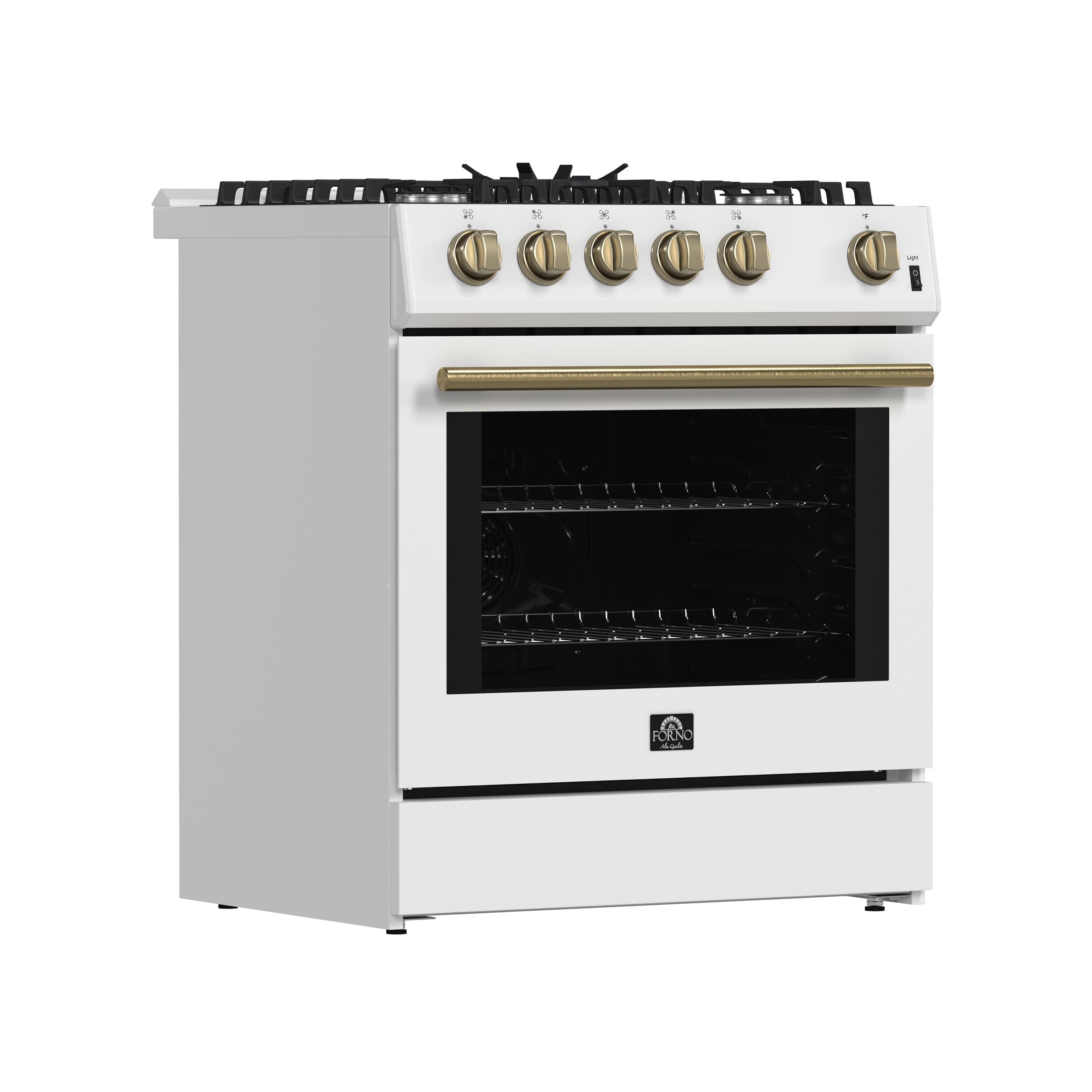 Forno Espresso Leonardo 30 in. 5 cu. ft. 5-Burner White Gas Range with Antique Brass Accents | FFSGS1116-30WHT
