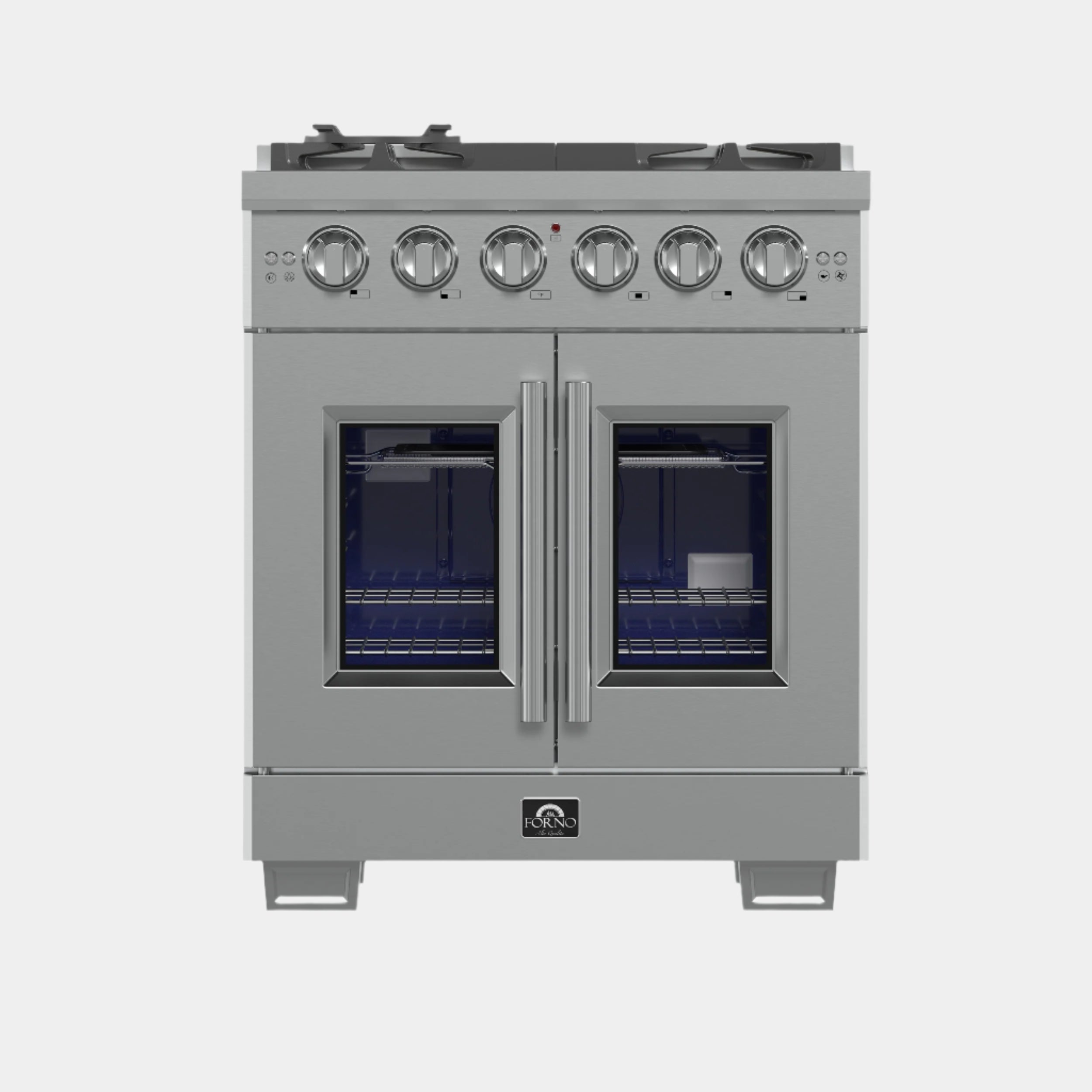 Forno Capriasca 30-Inch Freestanding French Door Gas Range, 4 Burners, Convection Oven, Energy Efficient