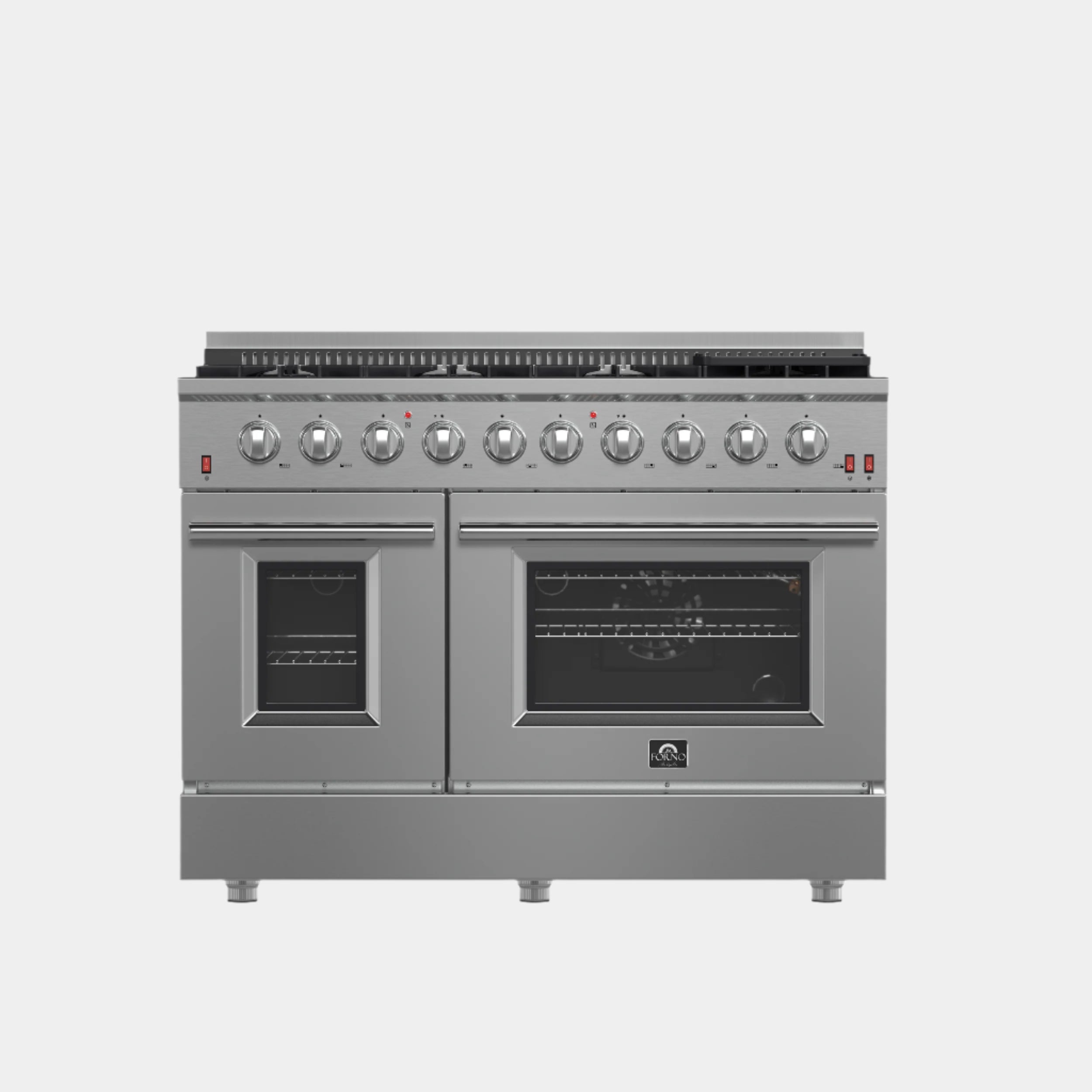 FORNO Premium 3-Piece Kitchen Bundle - FORNO Galiano 48" Freestanding Gas Range, FORNO Rizzuto 60" W. Dual Combo Convertible Refrigerator, FORNO 48" Wall Mount Range Hood - FBDL-018-02US