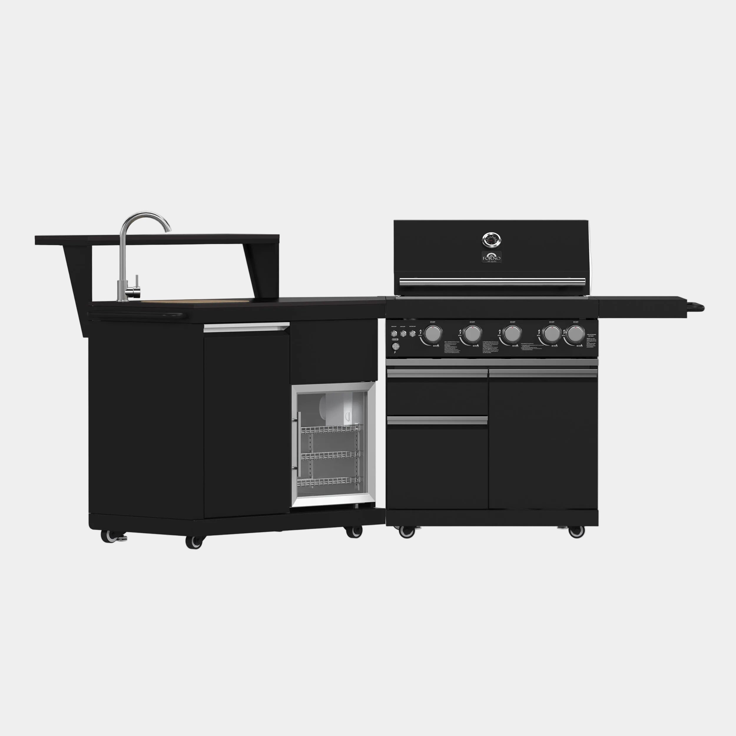 Forno All’Aperto 62,600 BTU BBQ, 3 Stainless Steel Burners, Infrared Burners, Sink Module, Black Sintered Stone Countertops, Bar and Beverage Center