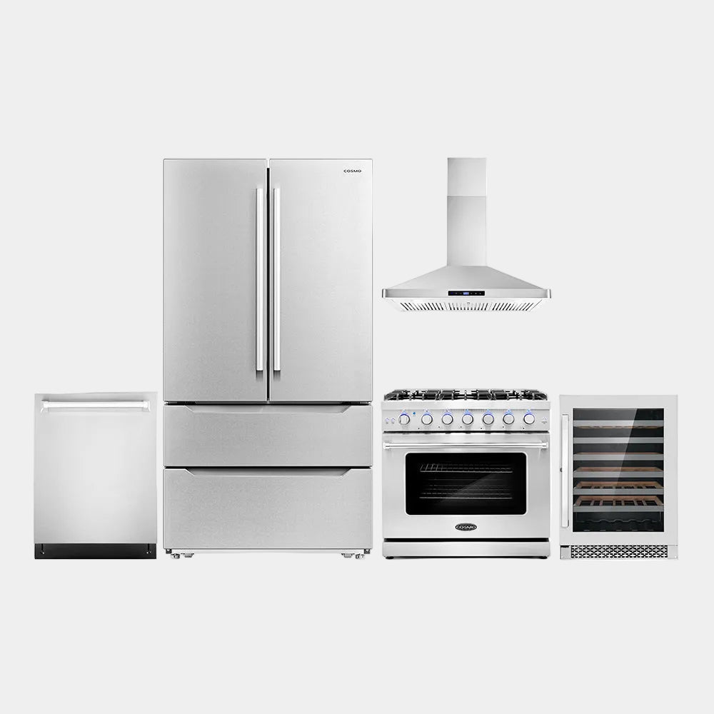 Cosmo Package - 36 in. Gas Range, Range Hood, Dishwasher, Refrigerator and Wine Cooler | COS-5PKG-207