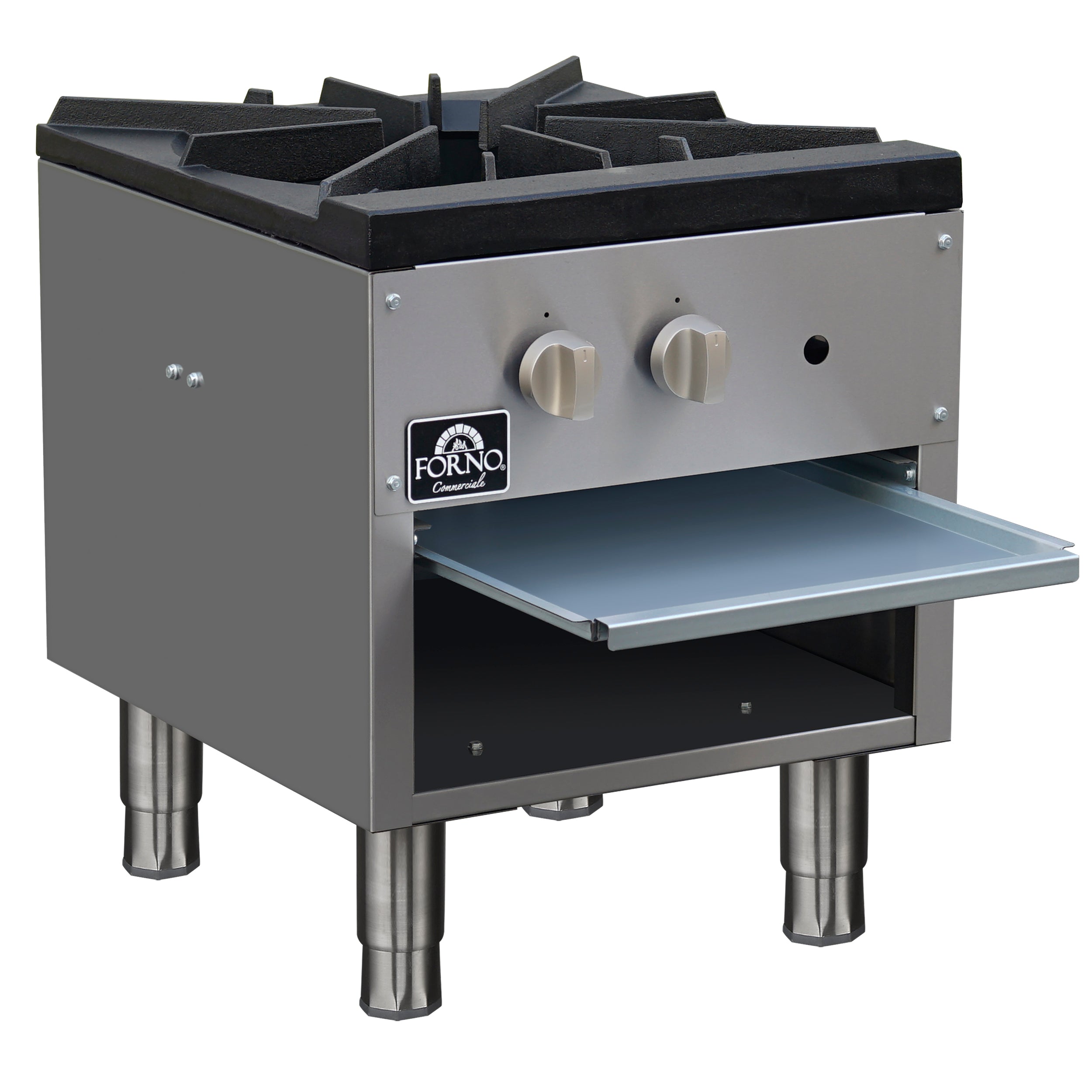 Forno Commerciale gas stock pot range, 1 powerful 3-ring burner, 80,000 BTU, durable stainless steel, heavy-duty cast iron grate