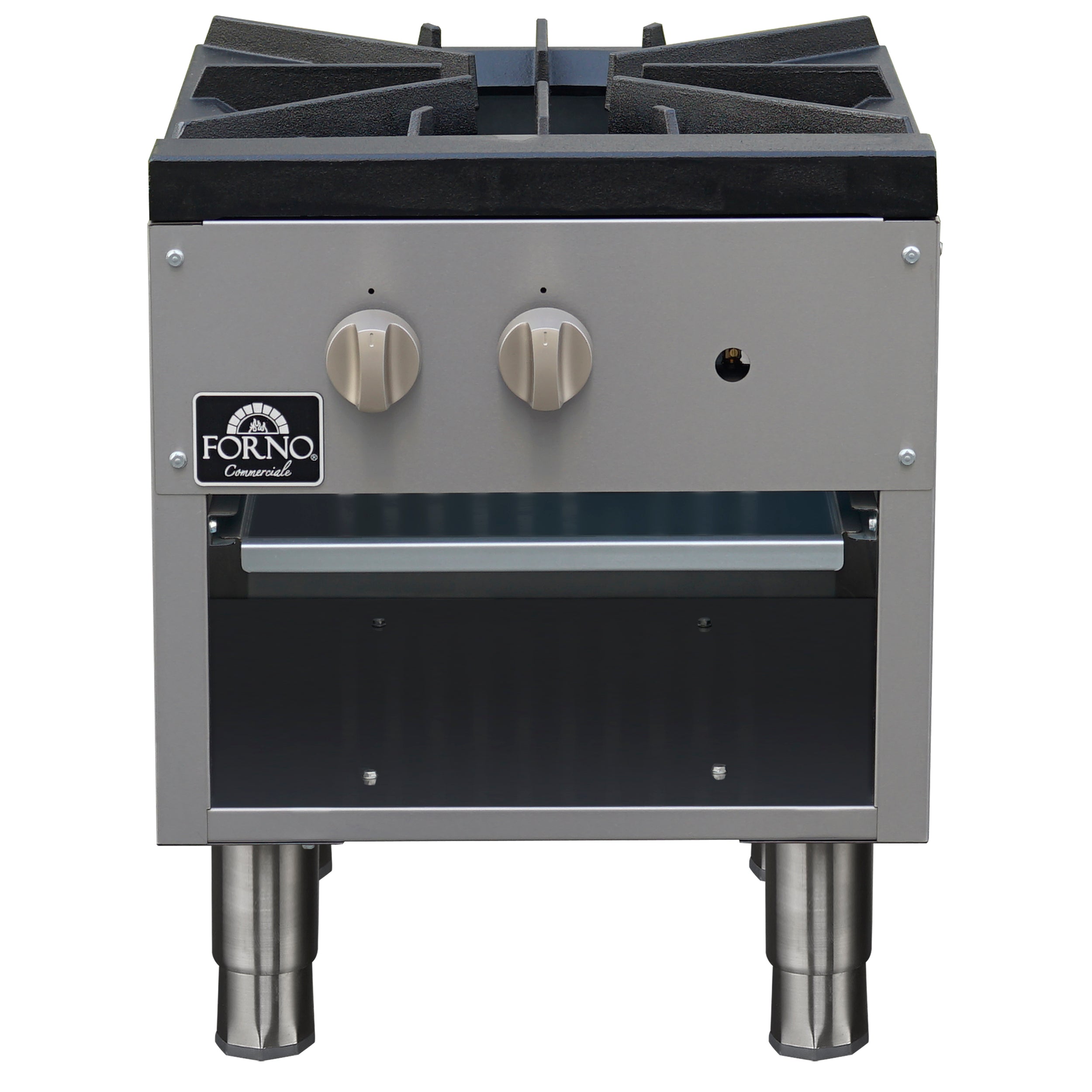 Forno Commerciale gas stock pot range, 1 powerful 3-ring burner, 80,000 BTU, durable stainless steel, heavy-duty cast iron grate