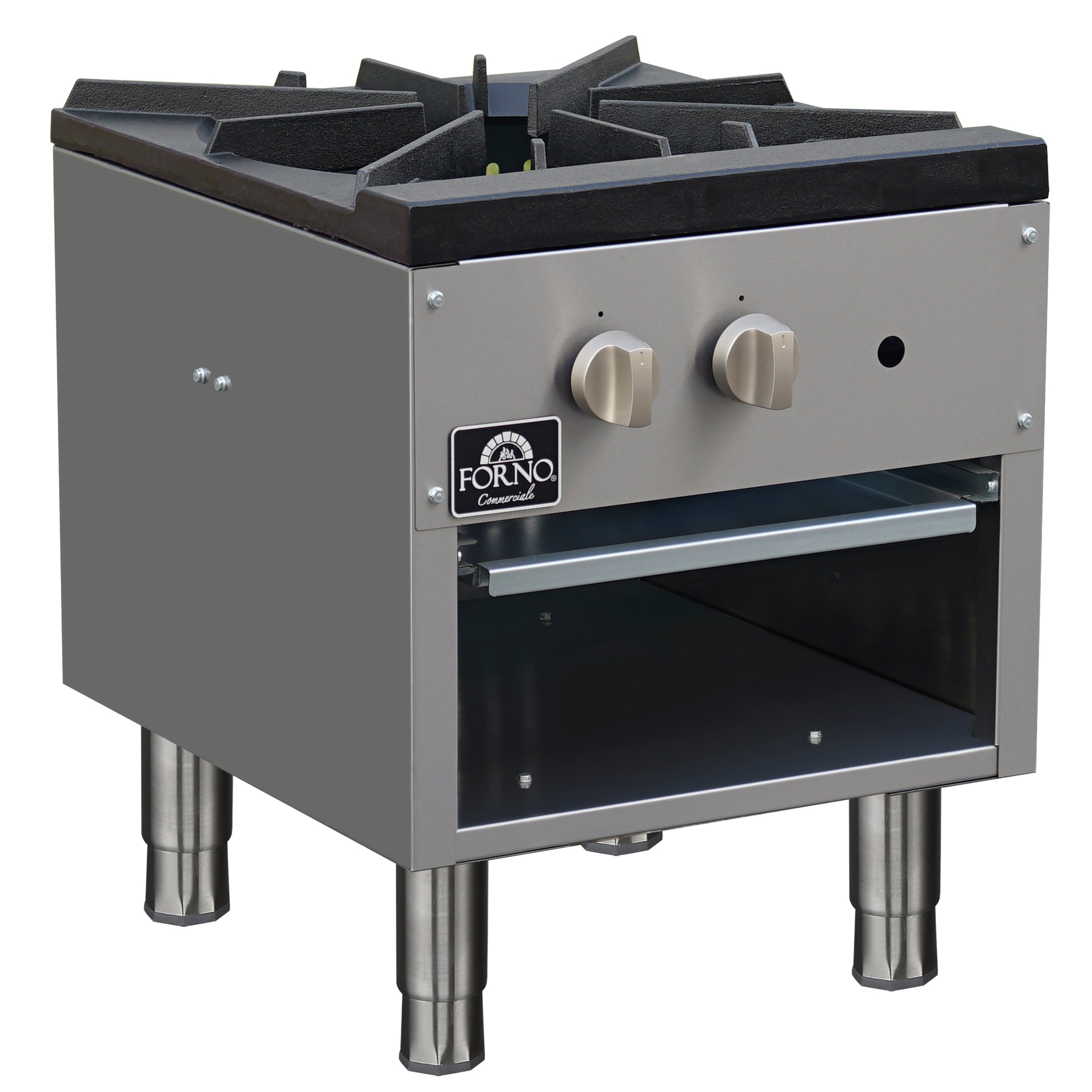 Forno Commerciale gas stock pot range, 1 powerful 3-ring burner, 80,000 BTU, durable stainless steel, heavy-duty cast iron grate