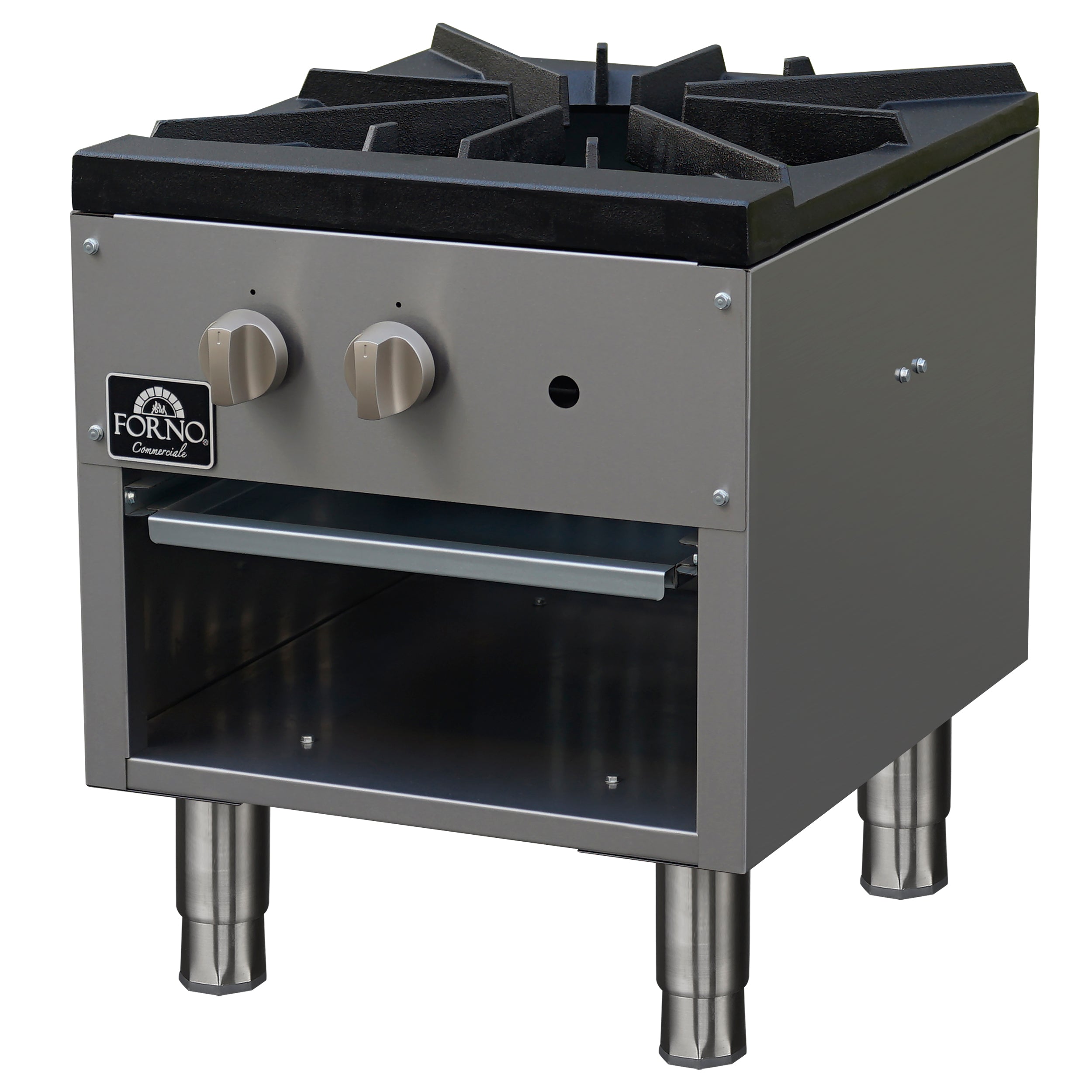 Forno Commerciale gas stock pot range, 1 powerful 3-ring burner, 80,000 BTU, durable stainless steel, heavy-duty cast iron grate