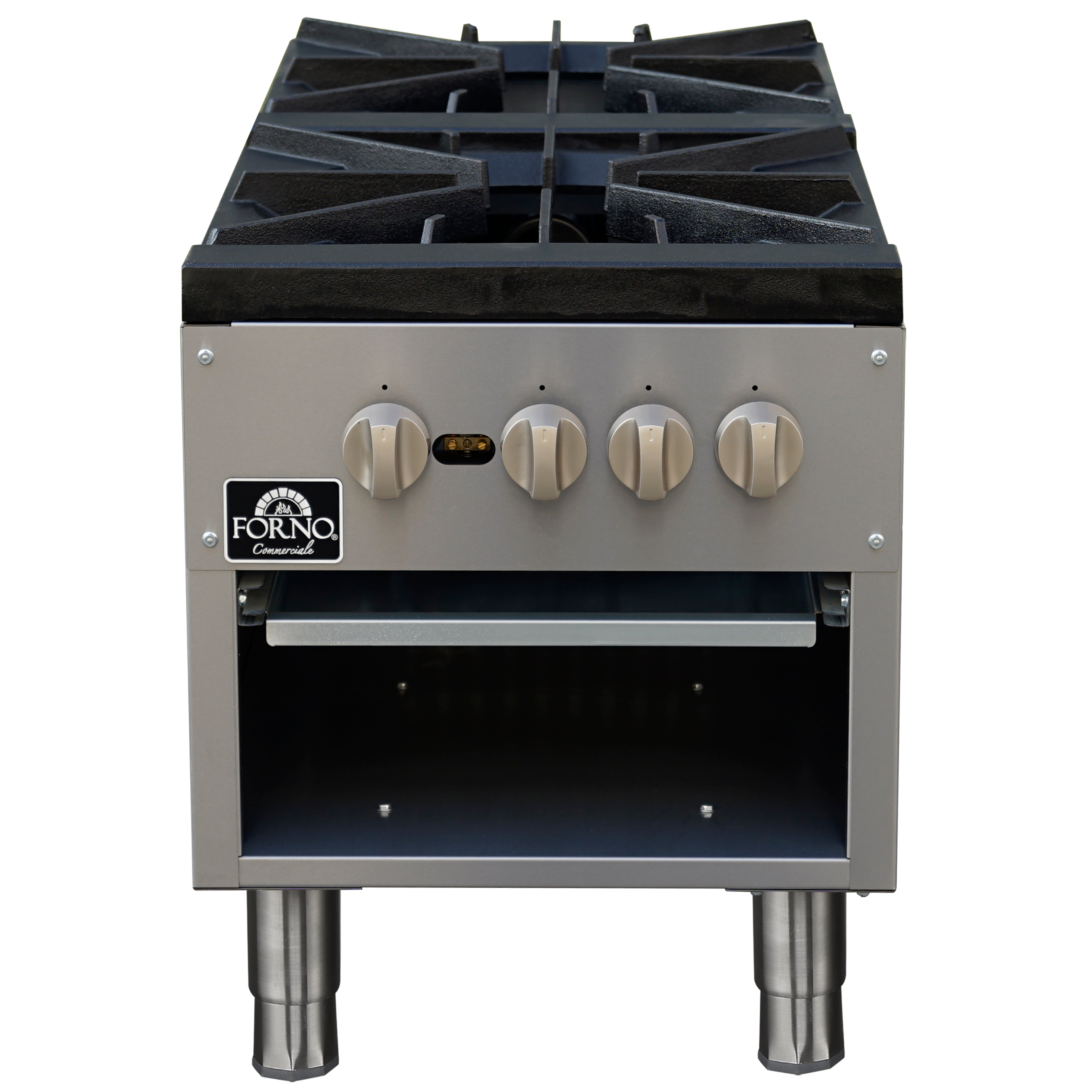 Forno Commerciale gas stock pot range, 2 powerful 3-ring burners, 160,000 BTU, durable stainless steel, heavy-duty cast iron grates