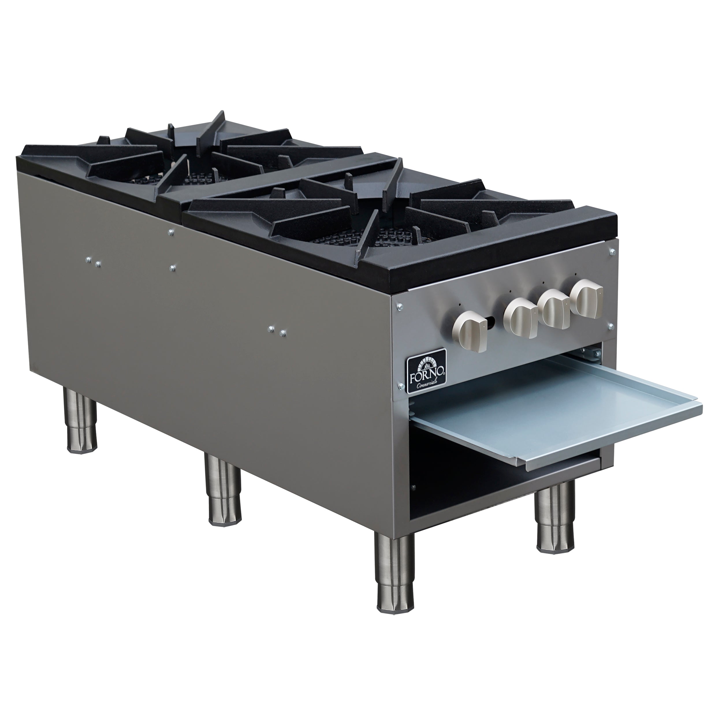 Forno Commerciale gas stock pot range, 2 powerful 3-ring burners, 160,000 BTU, durable stainless steel, heavy-duty cast iron grates