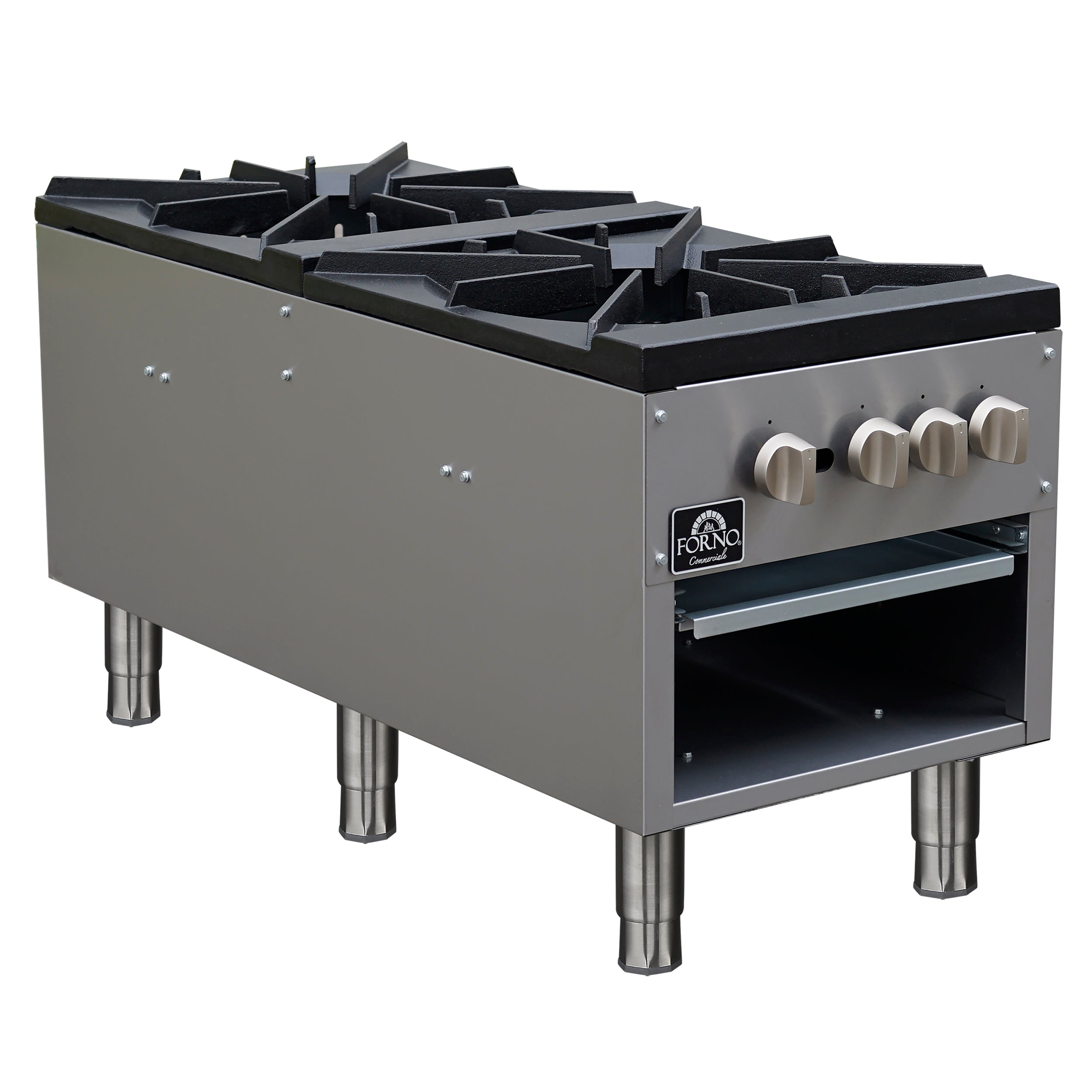 Forno Commerciale gas stock pot range, 2 powerful 3-ring burners, 160,000 BTU, durable stainless steel, heavy-duty cast iron grates