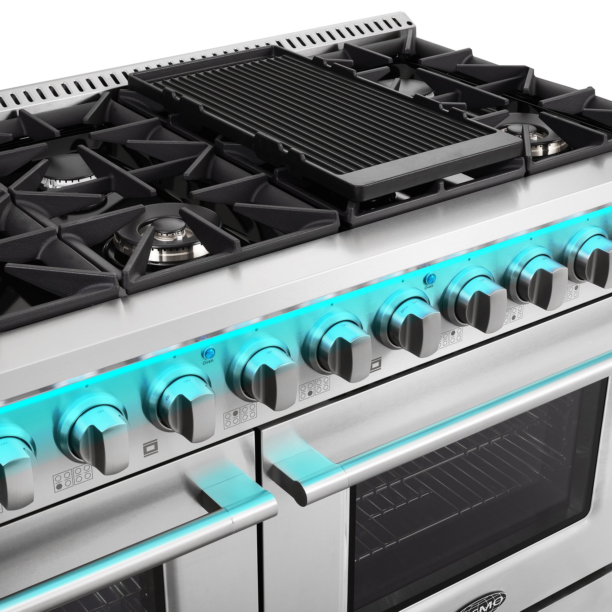 Cosmo Lumin 48 in. 5.5 cu. ft. 8-Burner Stainless Steel Dual Fuel Range with LED Knobs | COS-DFRP488K