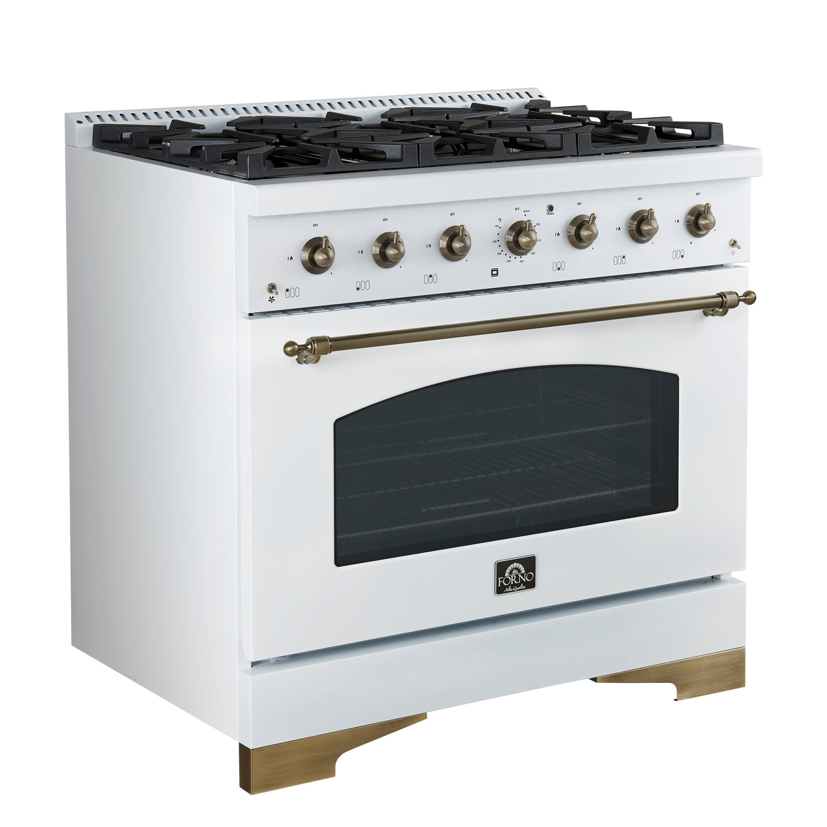 Forno Antico 36 in. 4.5 cu. ft. 6-Burner White Dual Fuel Range with Antique Brass Accents | FFSGS6113-36WHT