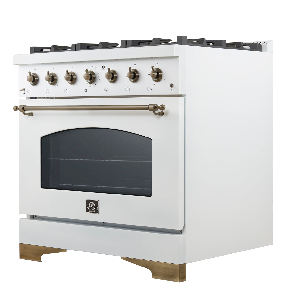 Forno Antico 36 in. 4.5 cu. ft. 6-Burner White Dual Fuel Range with Antique Brass Accents | FFSGS6113-36WHT