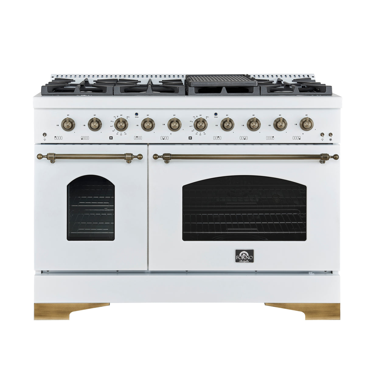 Forno Antico 48 in. 5.5 cu. ft. 8-Burner White Dual Fuel Range with Antique Brass Accents | FFSGS6113-48WHT