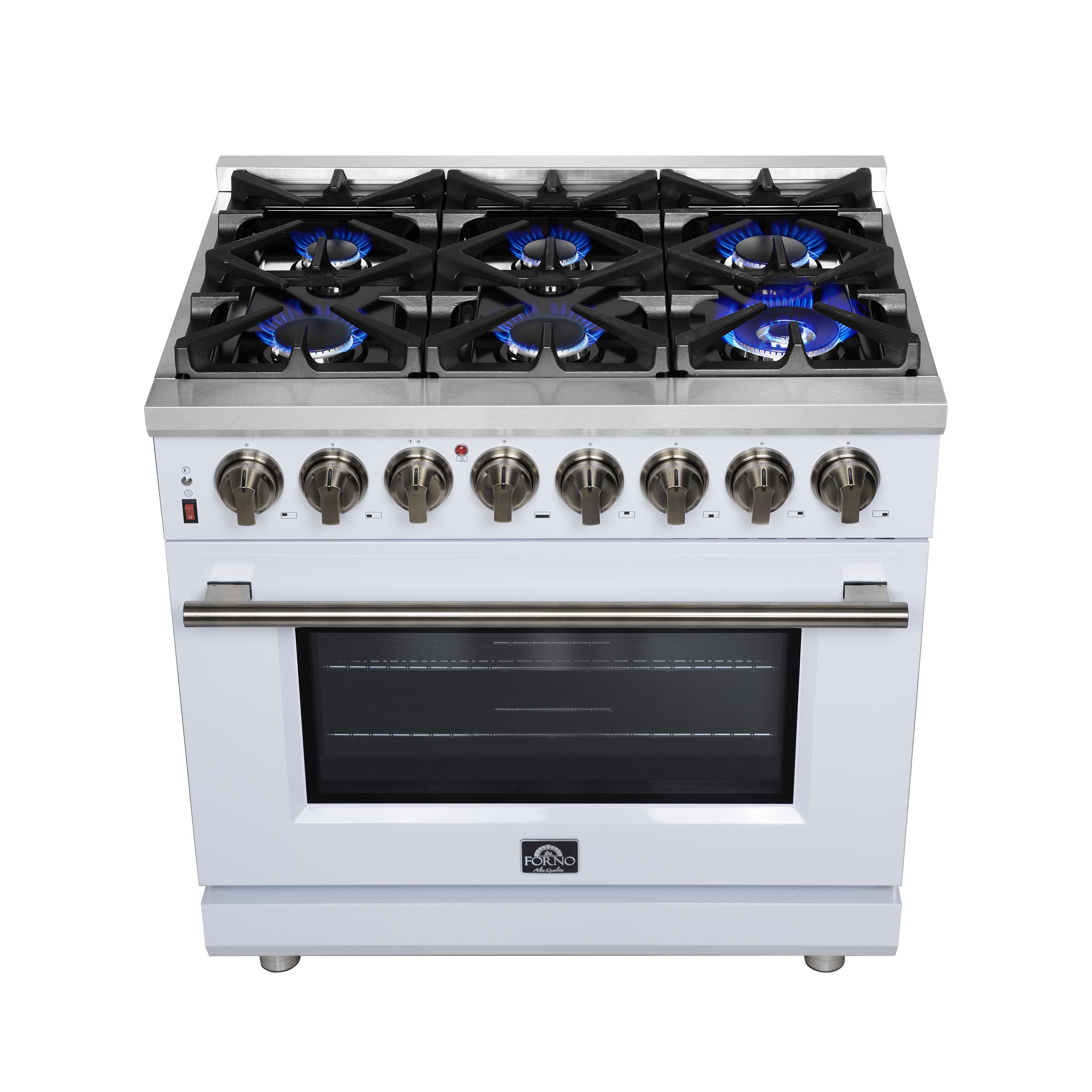 Forno Massimo 36 in. 5.36 cu. ft. 6-Burner White Dual Fuel Range with Antique Brass Accents | FFSGS6125-36WHT