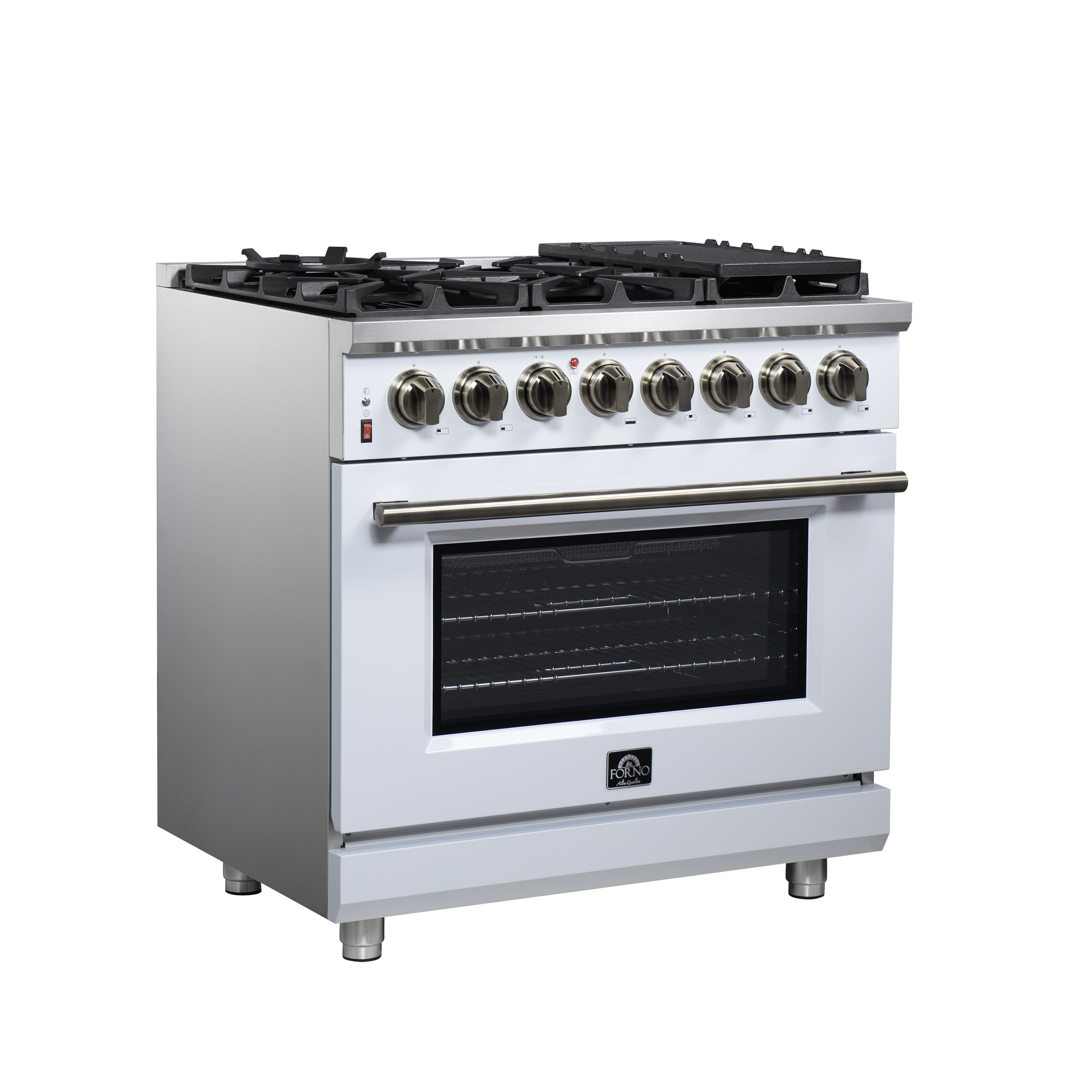 Forno Massimo 36 in. 5.36 cu. ft. 6-Burner White Dual Fuel Range with Antique Brass Accents | FFSGS6125-36WHT