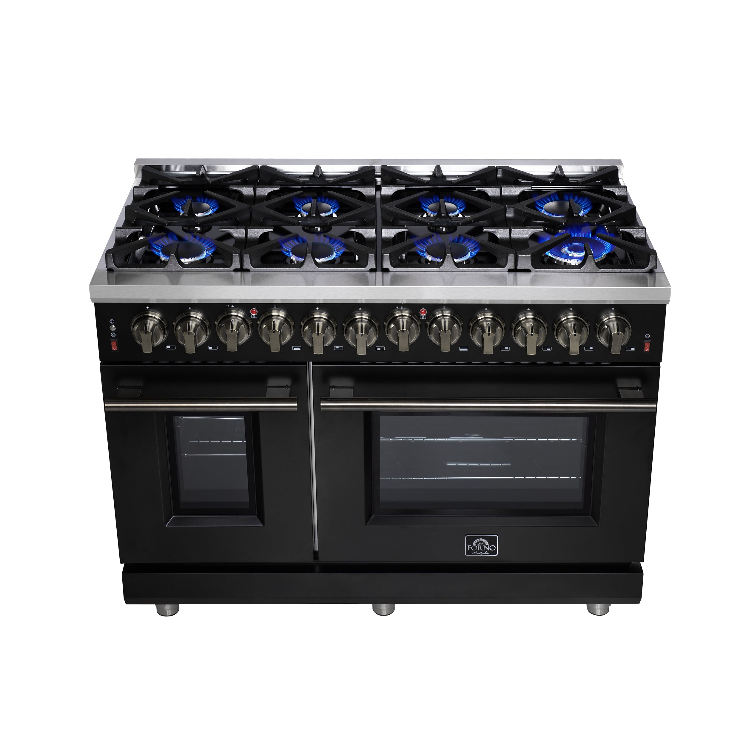 Forno Massimo 48 in. 6.58 cu. ft. 8-Burner Black Dual Fuel Range with Antique Brass Accents | FFSGS6125-48BLK
