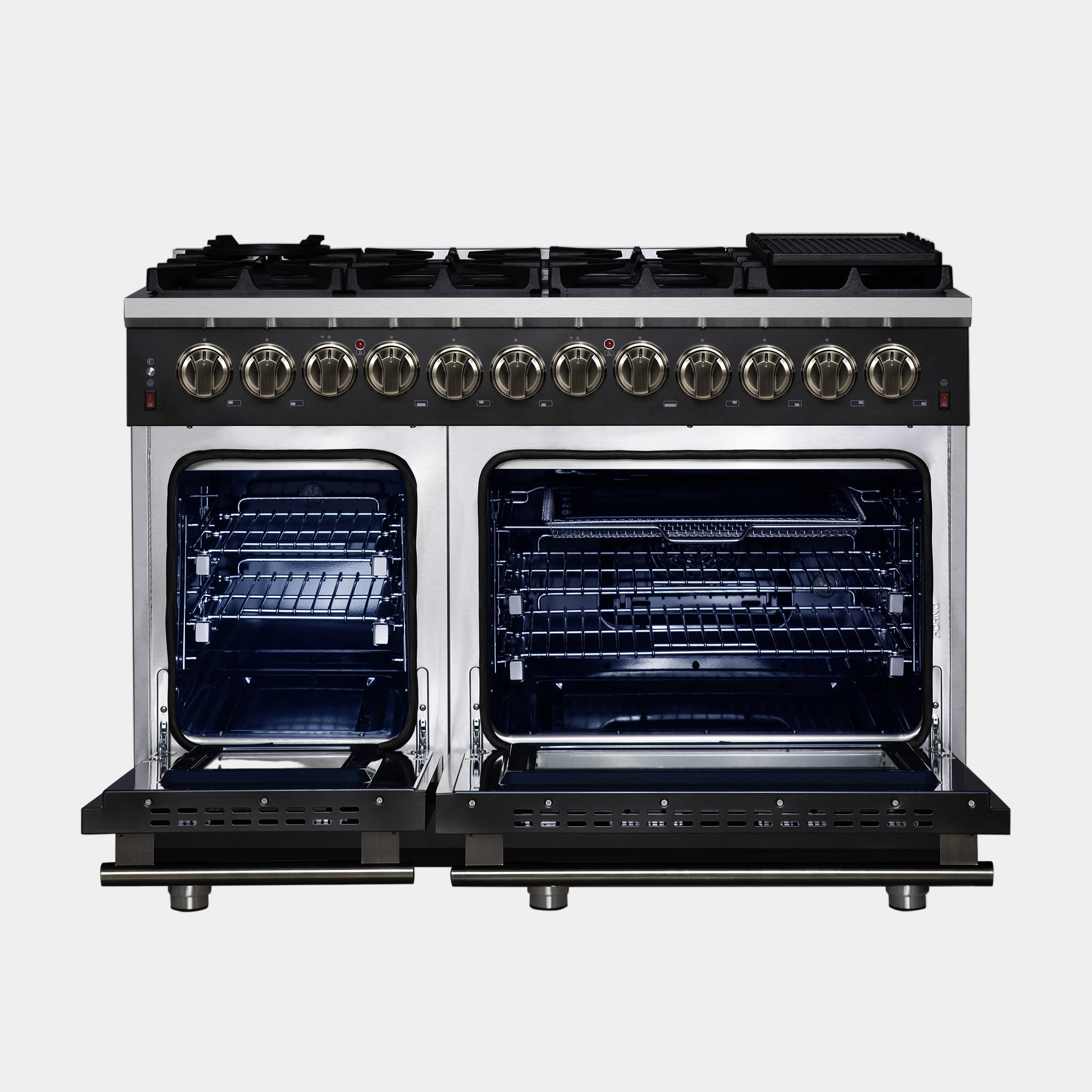 Forno Massimo 48 in. 6.58 cu. ft. 8-Burner Black Dual Fuel Range with Antique Brass Accents | FFSGS6125-48BLK