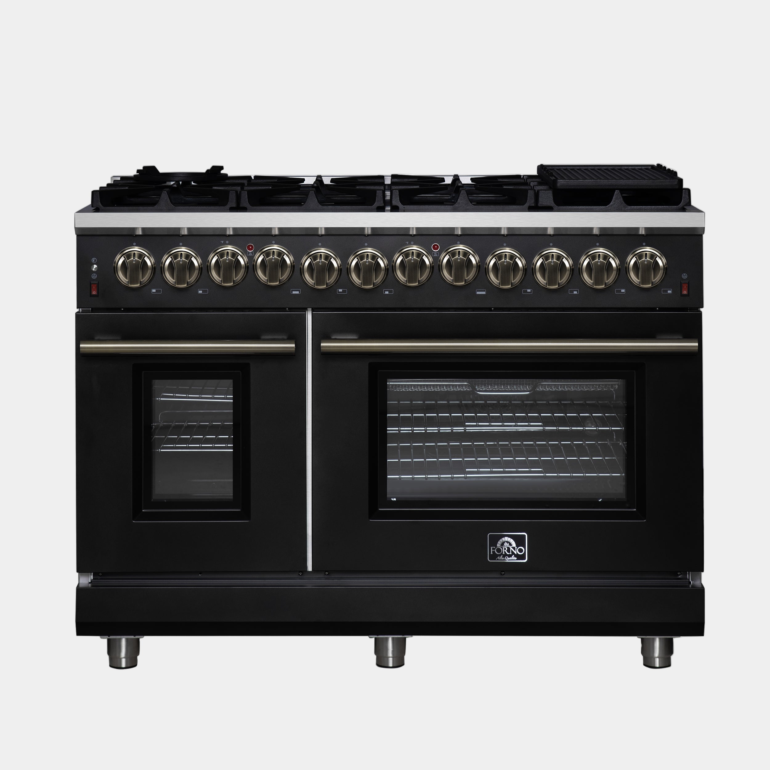 Forno Massimo 48 in. 6.58 cu. ft. 8-Burner Black Dual Fuel Range with Antique Brass Accents | FFSGS6125-48BLK