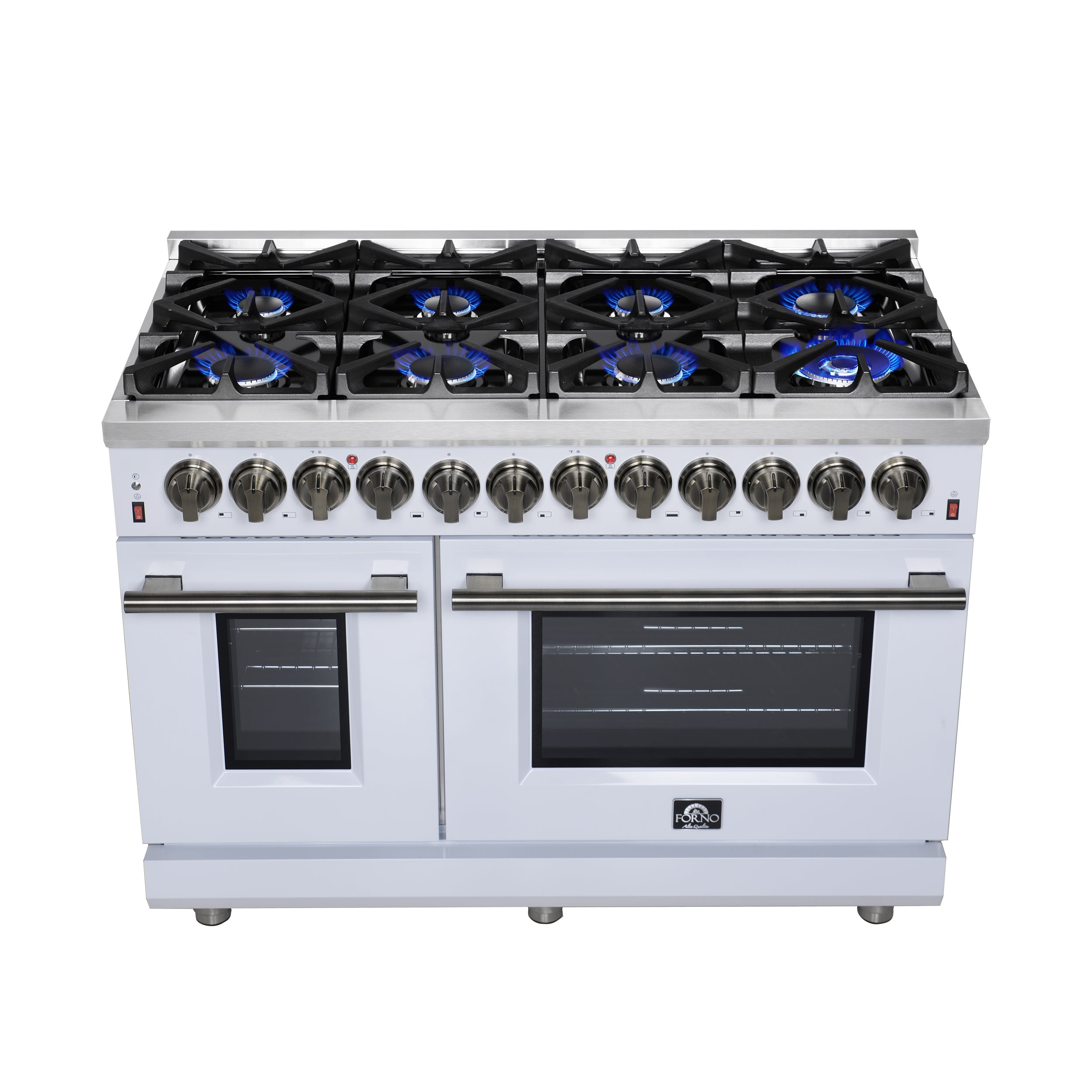 Forno Massimo 48 in. 6.58 cu. ft. 8-Burner White Dual Fuel Range with Antique Brass Accents | FFSGS6125-48WHT