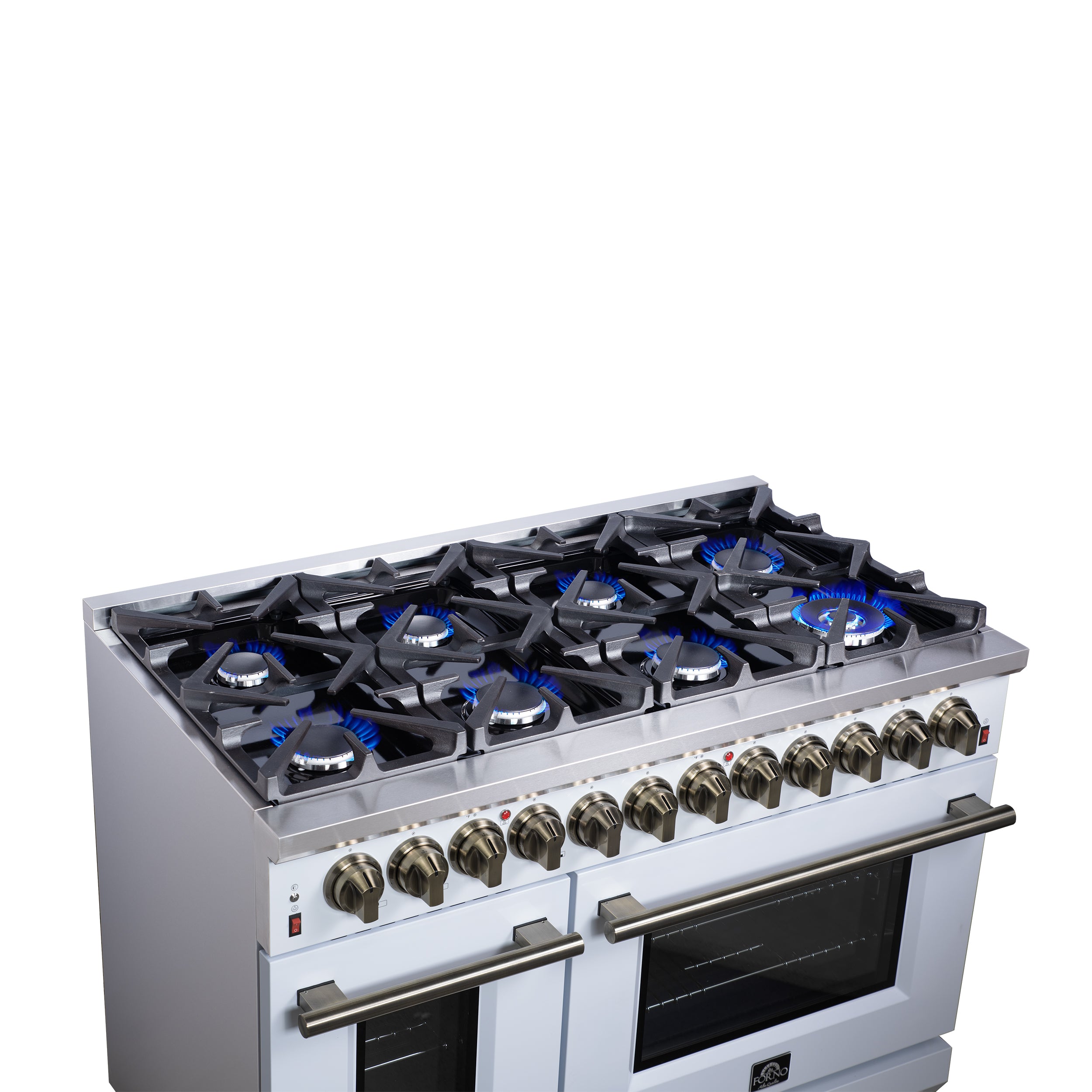 Forno Massimo 48 in. 6.58 cu. ft. 8-Burner White Dual Fuel Range with Antique Brass Accents | FFSGS6125-48WHT