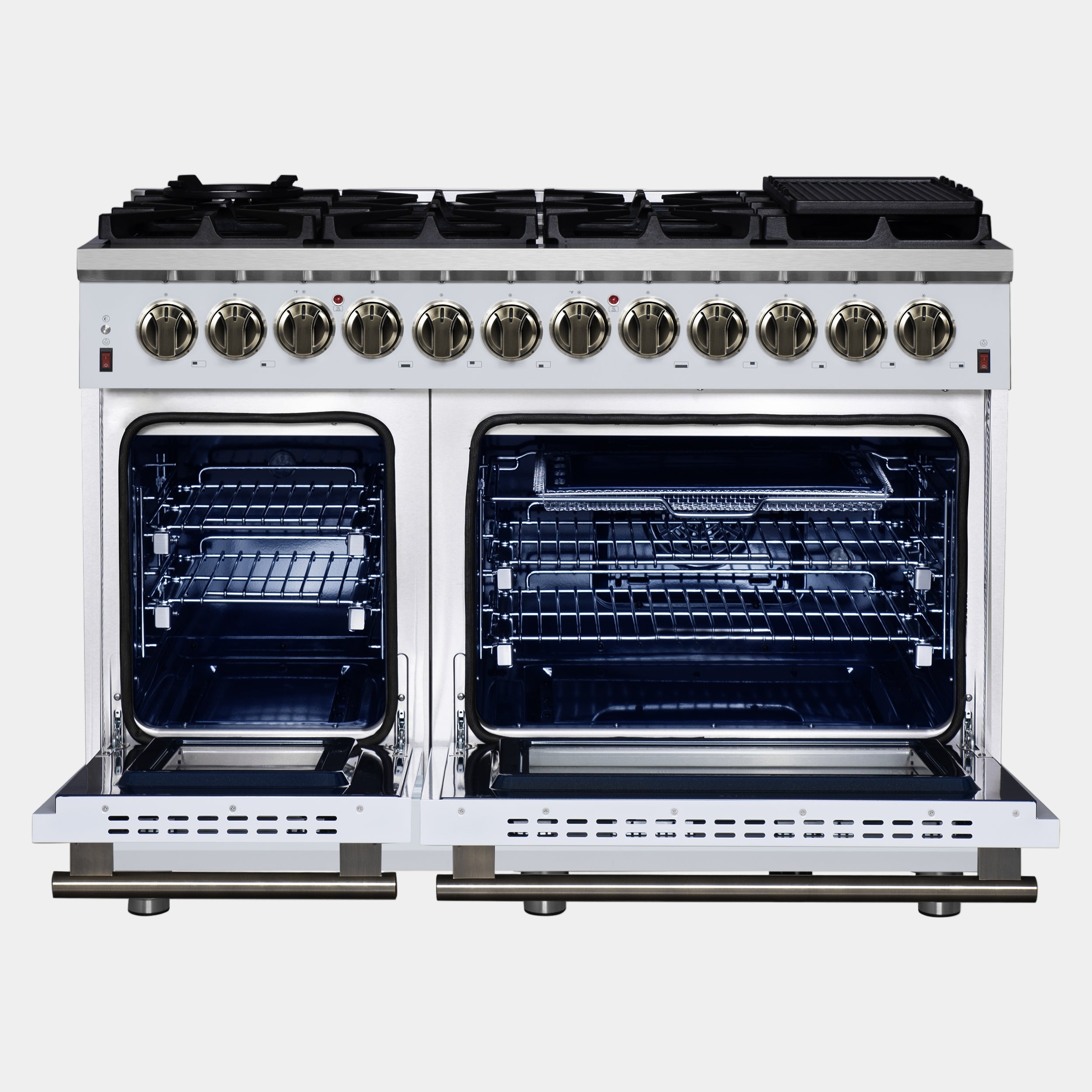 Forno Massimo 48 in. 6.58 cu. ft. 8-Burner White Dual Fuel Range with Antique Brass Accents | FFSGS6125-48WHT