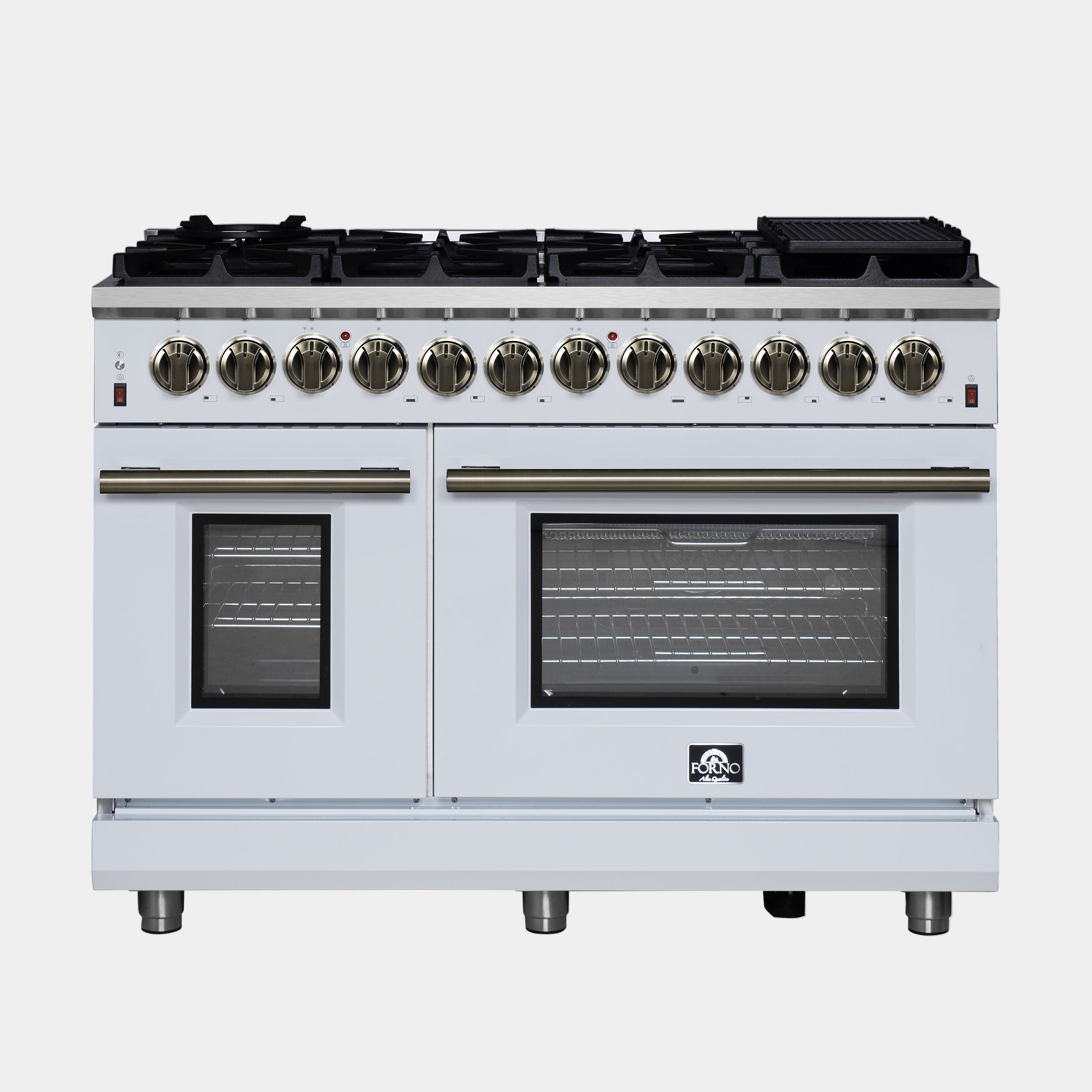 Forno Massimo 48 in. 6.58 cu. ft. 8-Burner White Dual Fuel Range with Antique Brass Accents | FFSGS6125-48WHT