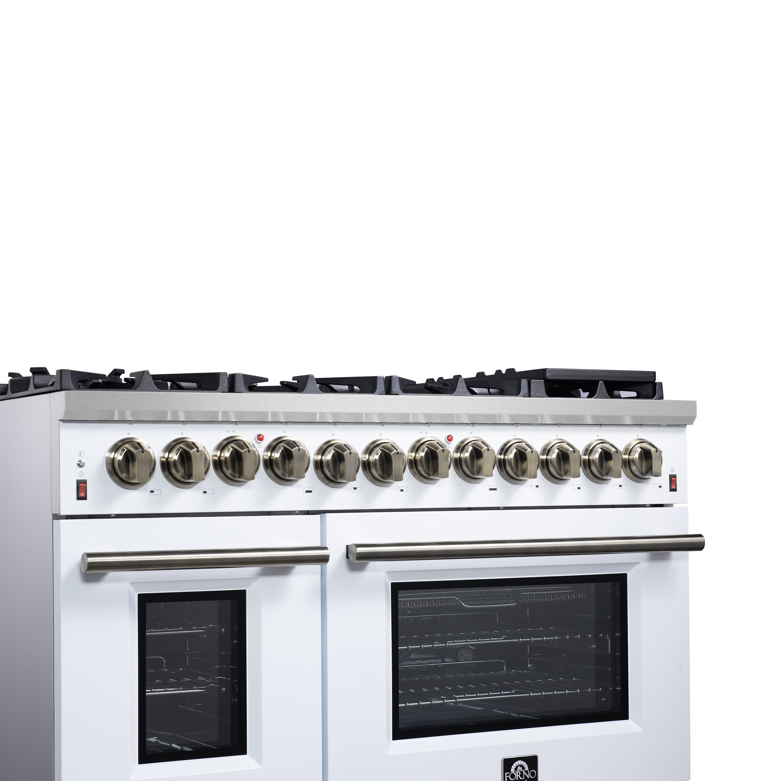 Forno Massimo 48 in. 6.58 cu. ft. 8-Burner White Dual Fuel Range with Antique Brass Accents | FFSGS6125-48WHT