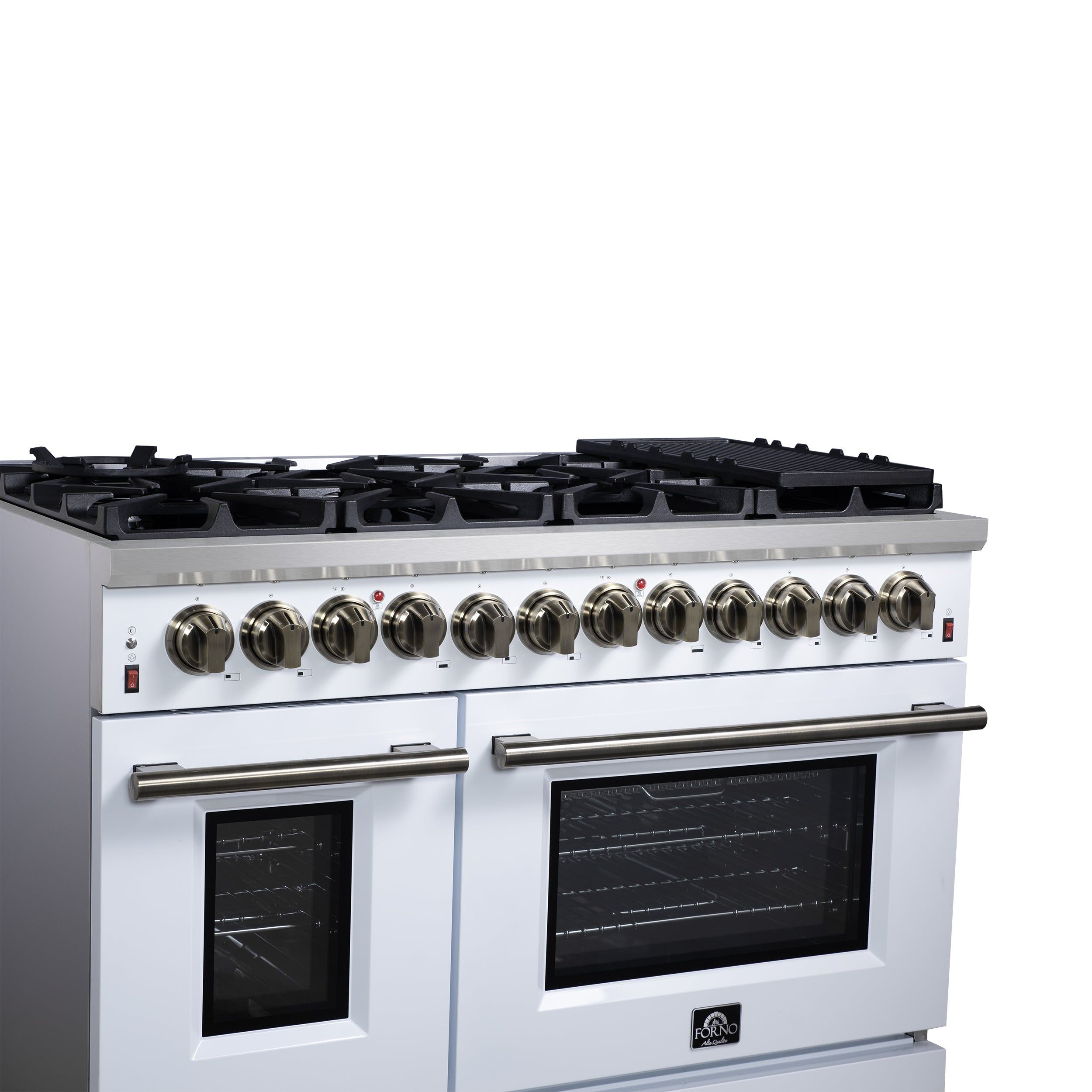 Forno Massimo 48 in. 6.58 cu. ft. 8-Burner White Dual Fuel Range with Antique Brass Accents | FFSGS6125-48WHT