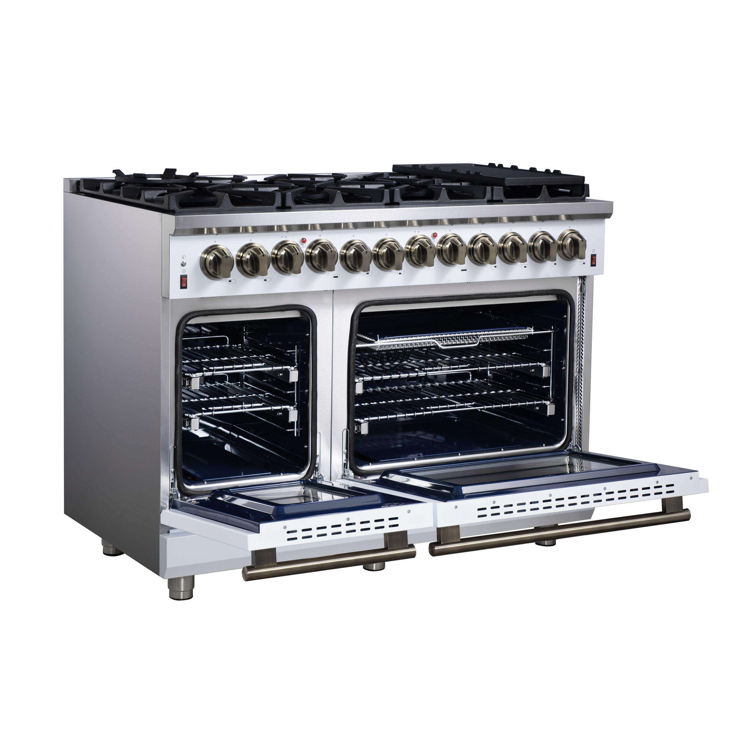 Forno Massimo 48 in. 6.58 cu. ft. 8-Burner White Dual Fuel Range with Antique Brass Accents | FFSGS6125-48WHT
