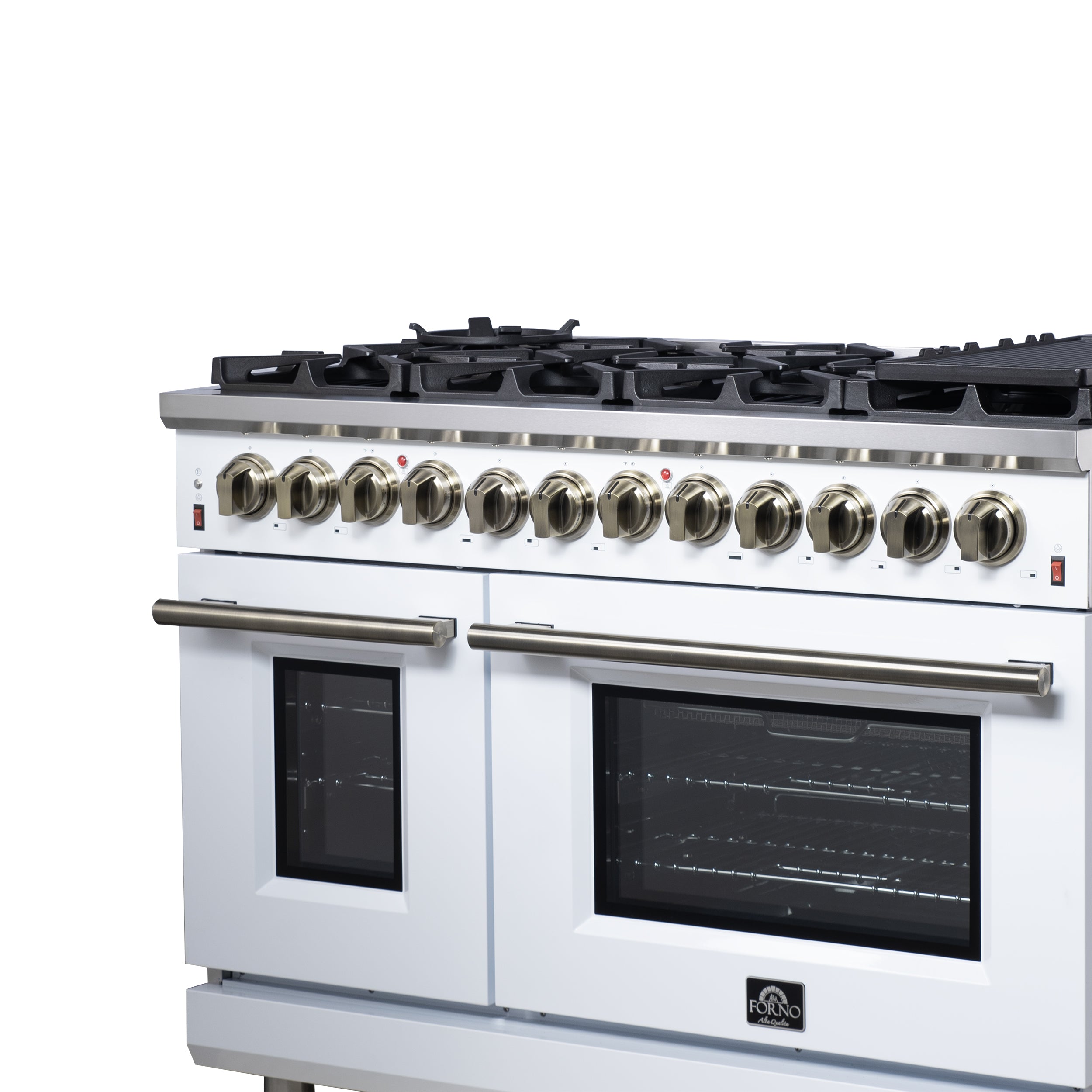 Forno Massimo 48 in. 6.58 cu. ft. 8-Burner White Dual Fuel Range with Antique Brass Accents | FFSGS6125-48WHT