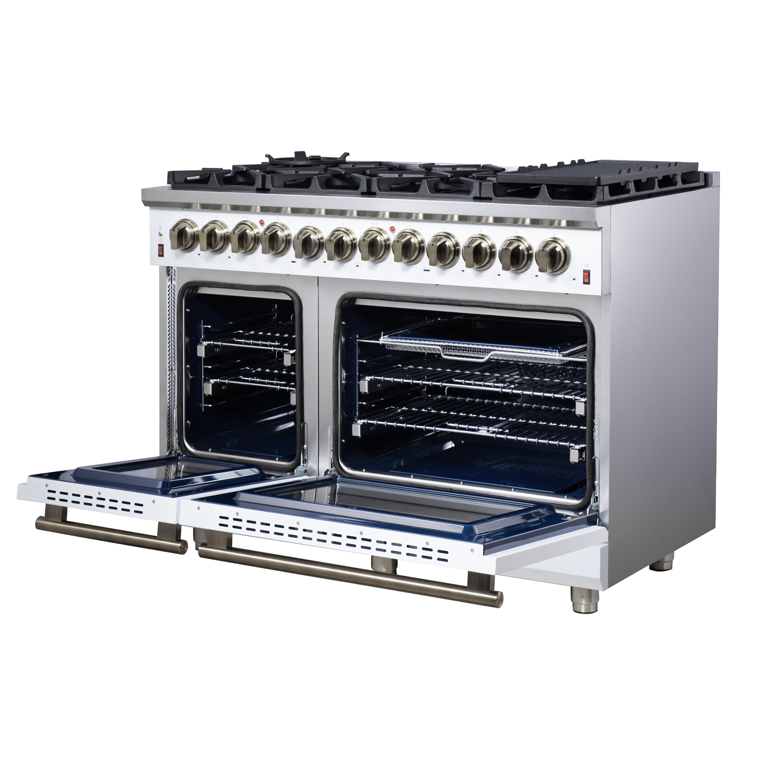 Forno Massimo 48 in. 6.58 cu. ft. 8-Burner White Dual Fuel Range with Antique Brass Accents | FFSGS6125-48WHT