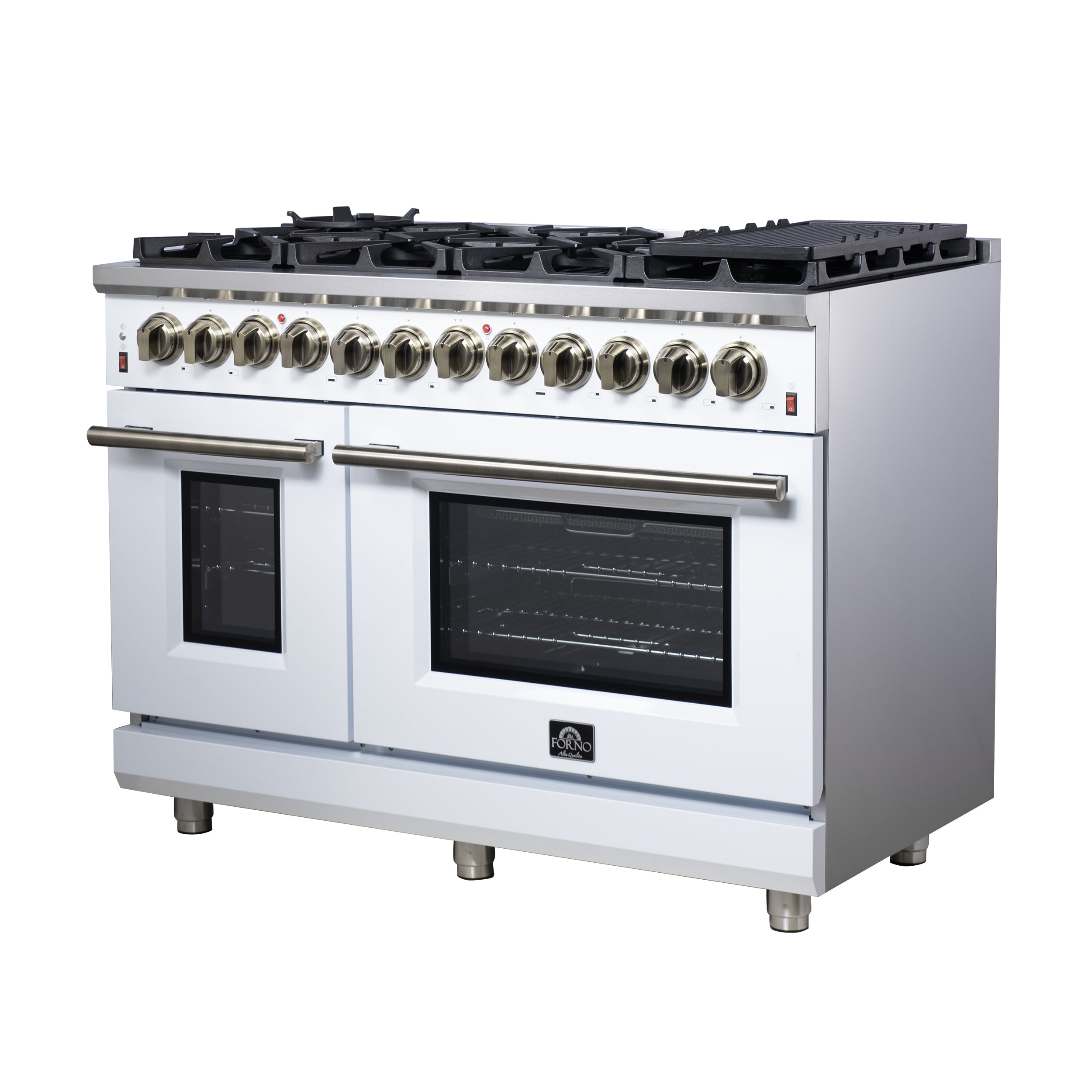 Forno Massimo 48 in. 6.58 cu. ft. 8-Burner White Dual Fuel Range with Antique Brass Accents | FFSGS6125-48WHT