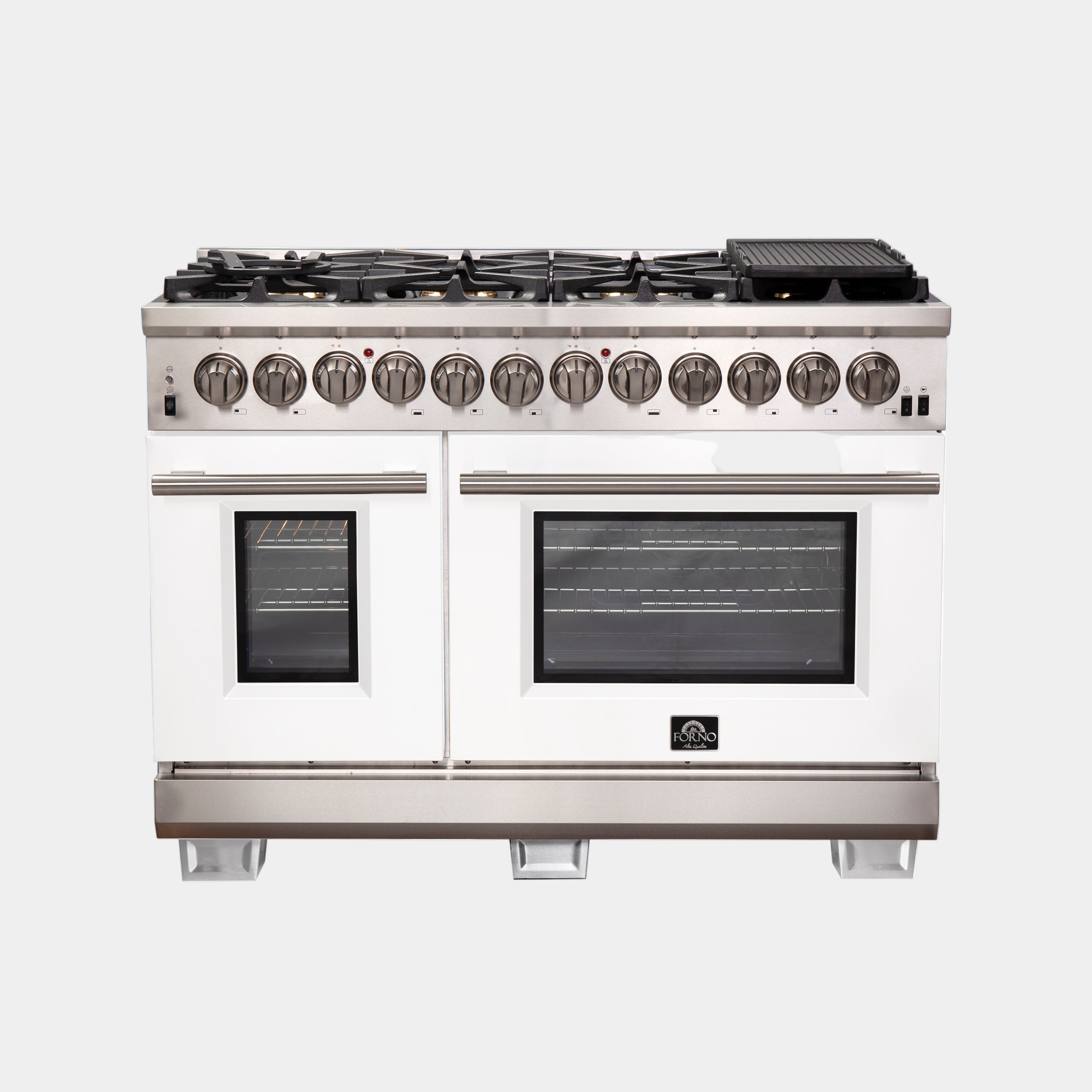 Forno Capriasca 48 in. 6.58 cu. ft. 8-Burner White Dual Fuel Range with Antique Brass Accents | FFSGS6187-48WHT