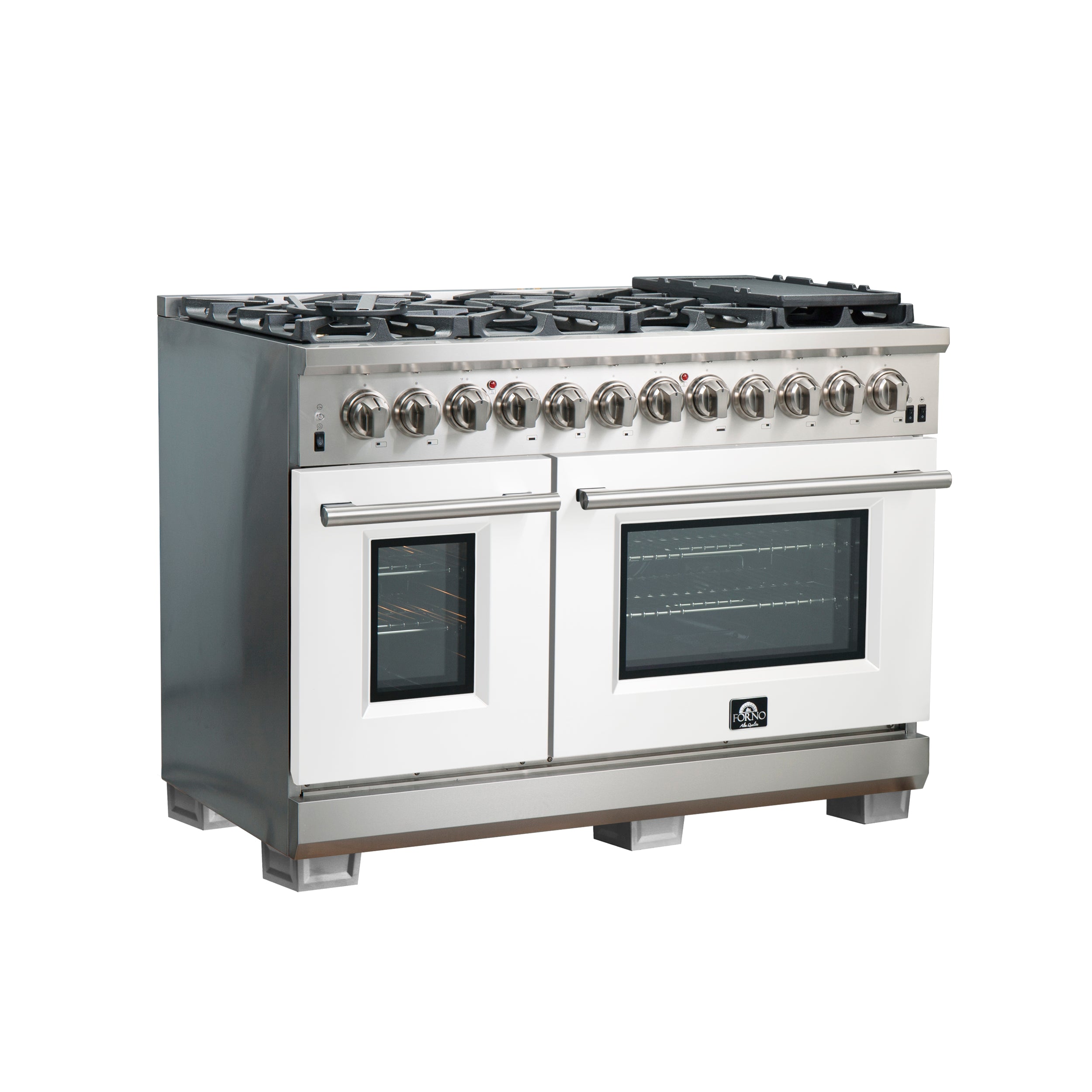 Forno Capriasca 48 in. 6.58 cu. ft. 8-Burner White Dual Fuel Range with Antique Brass Accents | FFSGS6187-48WHT