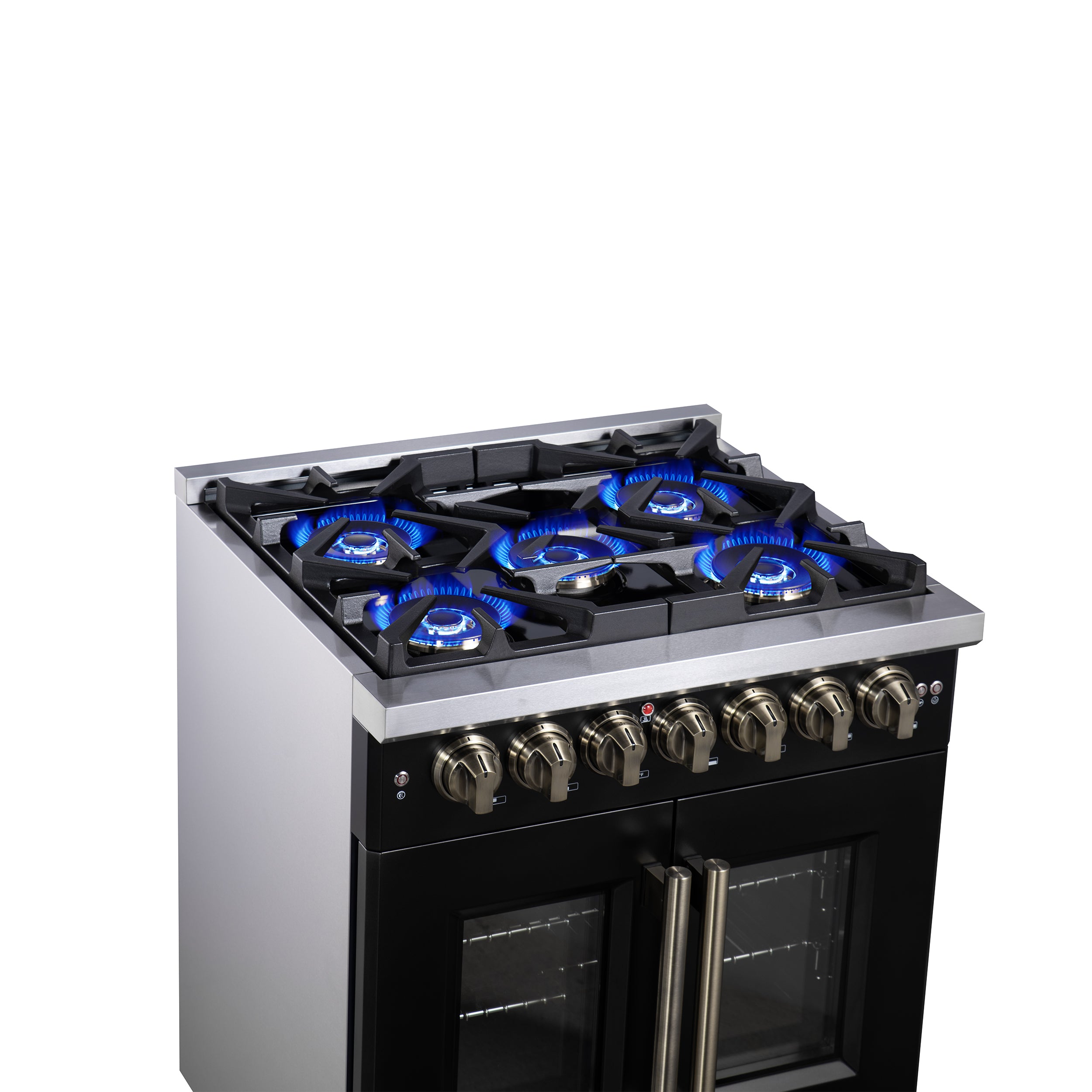 Forno Capriasca 30 in. 4.32 cu. ft. 5-Burner Black French Door Dual Fuel Range with Antique Brass Accents | FFSGS6387-30BLK