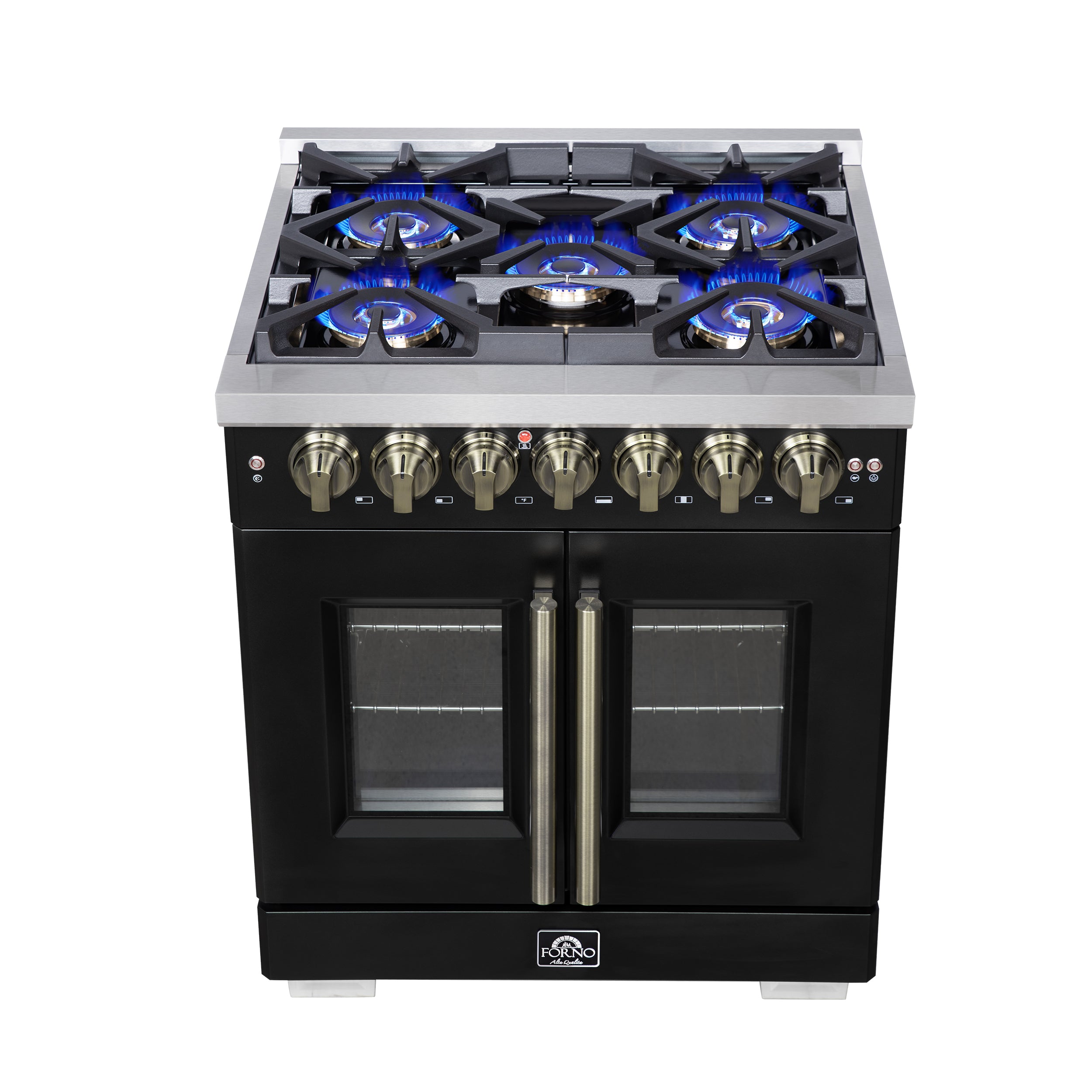 Forno Capriasca 30 in. 4.32 cu. ft. 5-Burner Black French Door Dual Fuel Range with Antique Brass Accents | FFSGS6387-30BLK